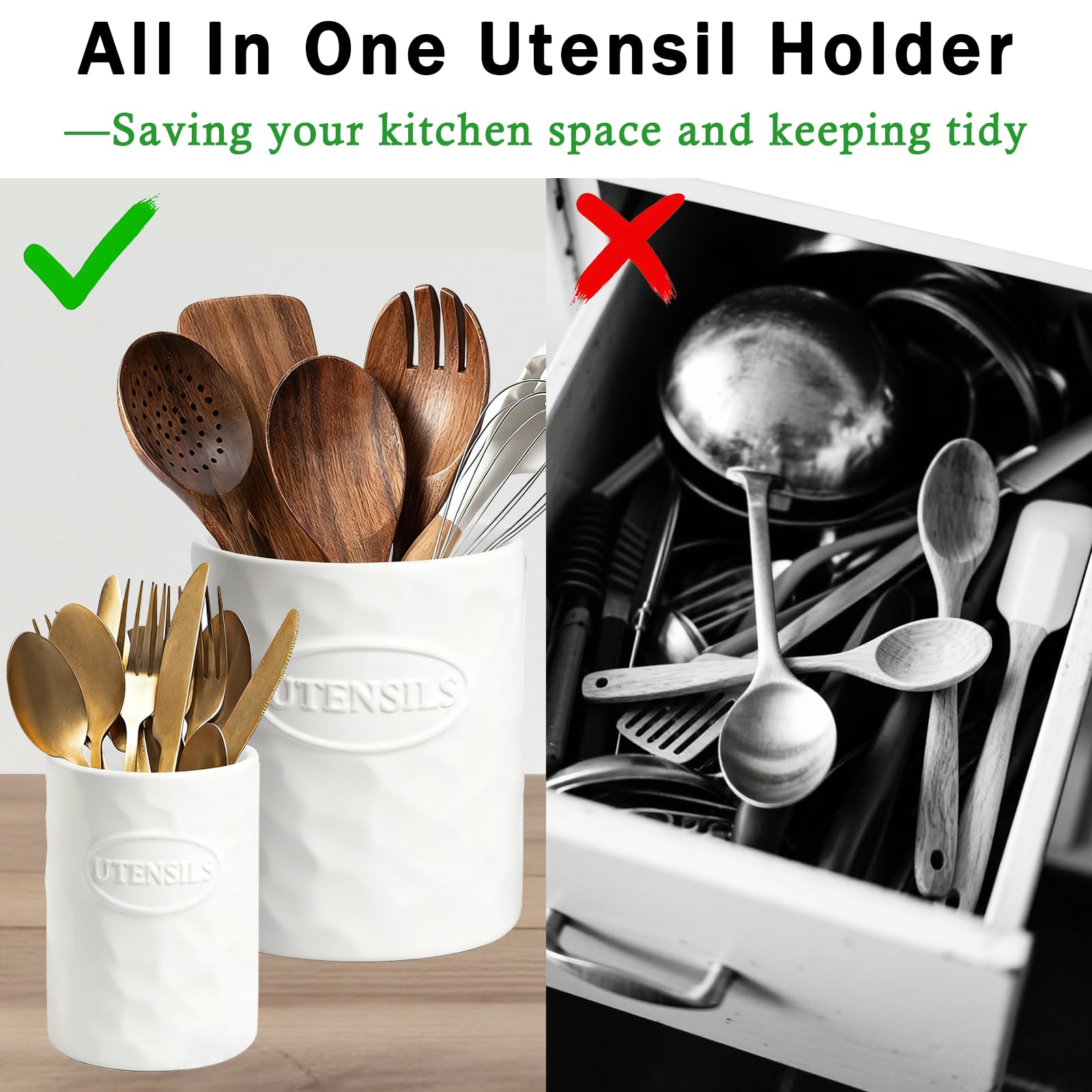 Utensilienhalter Set aus 2 Teilen aus Keramik (18.5cm+13.8 cm) für Kochutensilien, Große Moderne Farmhouse Aufbewahrungsvase für Arbeitsplatte, als Hauswarming Geschenk und Küchendekoration in Weiß