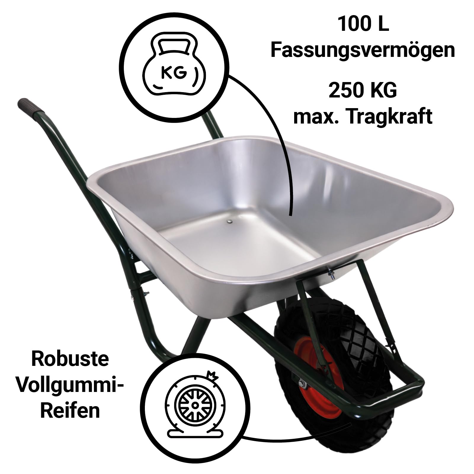 BITUXX® Schubkarre 100L / 250Kg Schubkarren Scheibtruhe Schiebkarre Bauschubkarre Verzinkt mit PU Rad 4.80/4.00-8 mit Achse(Schwarz)