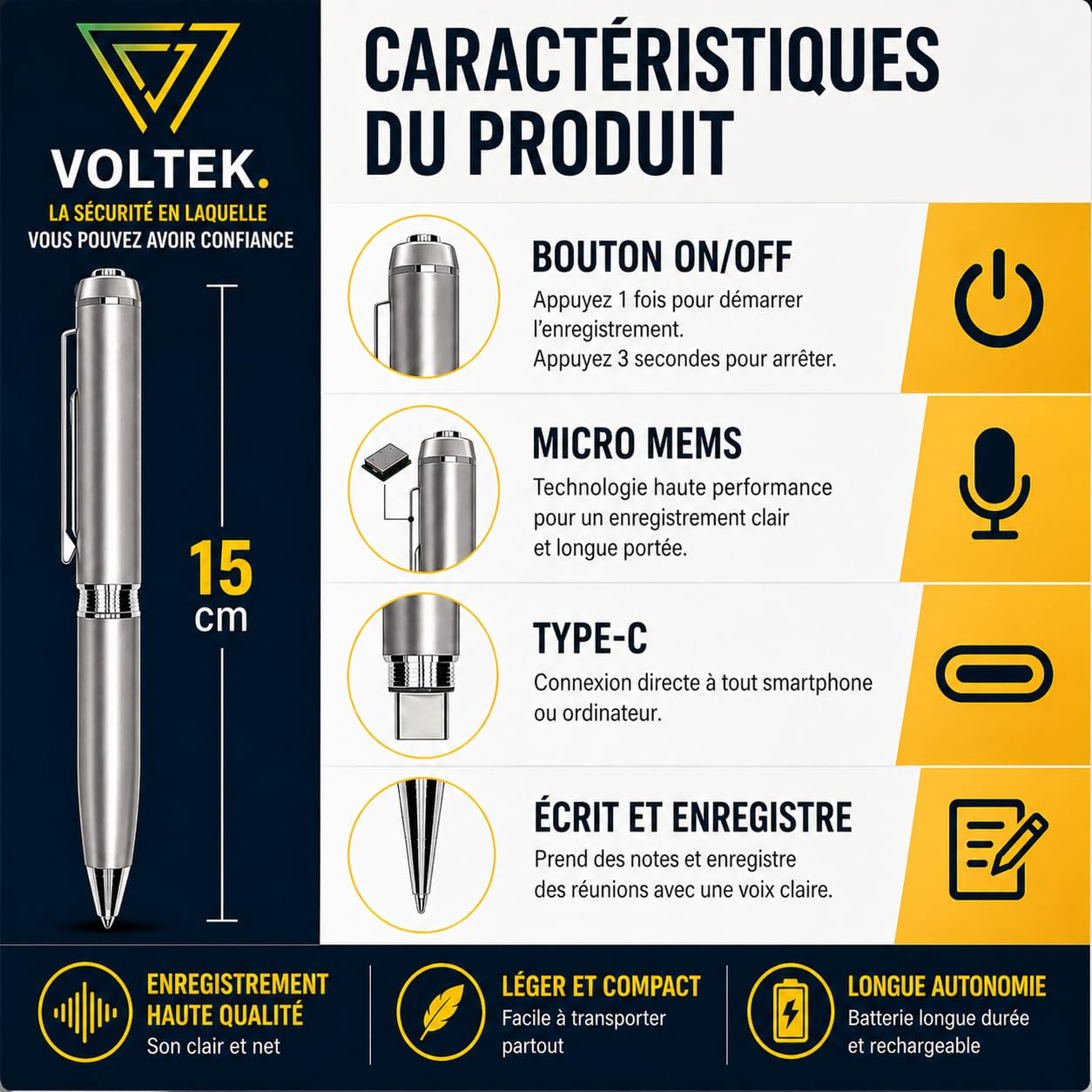 Stylo Enregistreur Vocal Numérique AI 64Go - Enregistreur Audio Avec Réduction Bruit Pour Réunions Et Cours