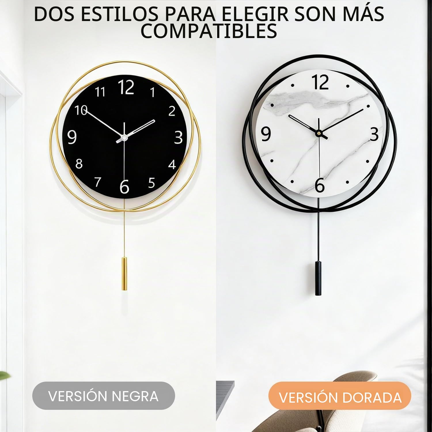 Reloj de pared decorativo, silencioso, sin tictac, reloj de cuarzo de alta calidad alimentado por batería con péndulo cilíndrico, reloj de pared grande para sala de estar, cocina, oficina