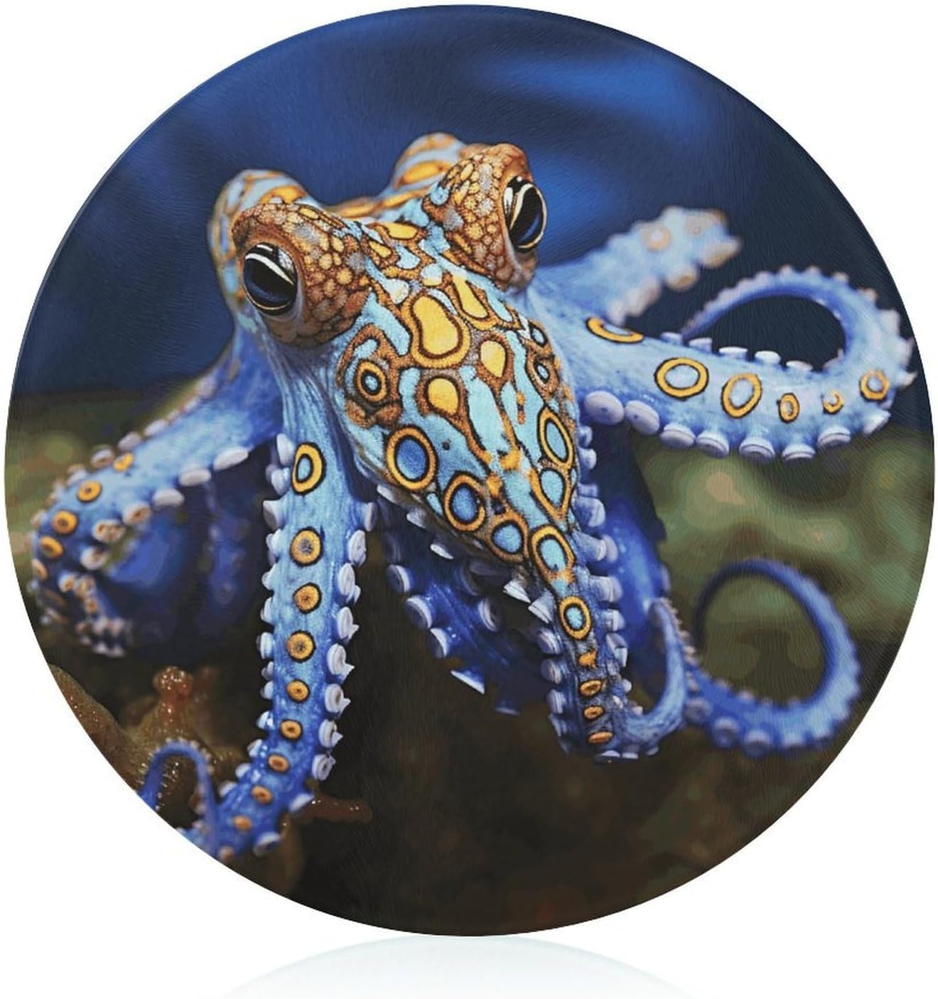 Blue Ringed Octopus Chopping Block Tempered Glass Cutting Board Mats Round Countertop Cutting Boards Small Charcuterie Boards Bar Cheese Board Snack Tray