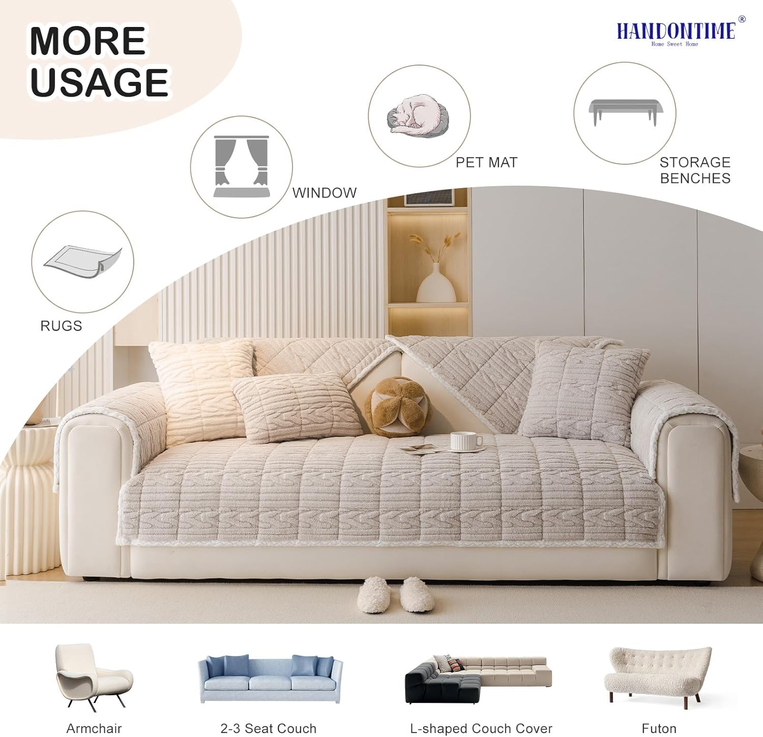 HANDONTIME Dog Couch Cover Protector, Fuzzy Couch Cover for Dogs Washable, Non Slip Geometric Jacquard Sofa Covers for 3 Cushion Couch Sofa Protector Pet Friendly Pets Mat(Khaki, 35.4" x 70.9")