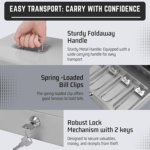 Miniatura 2 de Flexzion Caja de efectivo con llave, caja de dinero para negocios en efectivo, cajero y dinero en efectivo, caja de metal azul con llave de bloqueo