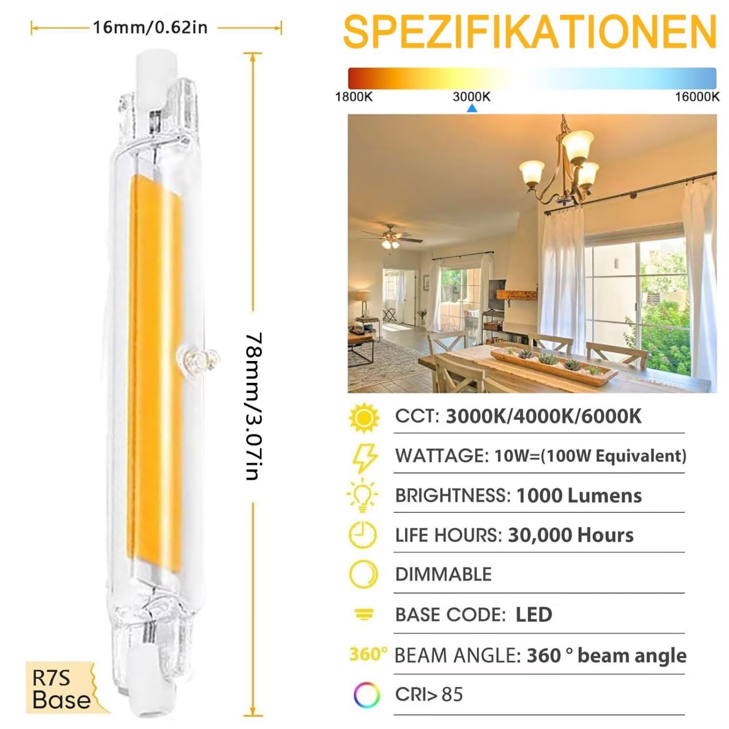 R7s-Led 118 mm Dimmbar Lampe Kaltweiß 6000K 2000LM, Led Leuchtmittel R7s 118mm 15W 16W 18W 20W Glasröhre Glühbirne Ersetzt 150W 160W 180W 200W Halogen, 360° Abstrahlwinkel, Kein Flackern, 6 Stück