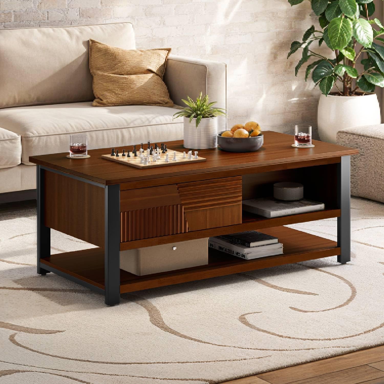 Bme Trapeze Coffee Table for Living Room Modern Wooden Center Table with Storage Metal Legs Large Walnut Coffee