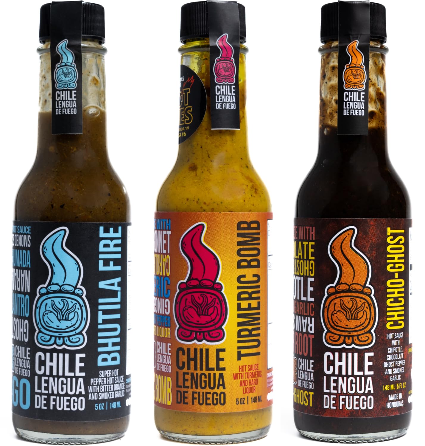 Spicy Trio Celebrity Variety Pack - Bhutila Fire, Turmeric Bomb, & Chicho-Ghost - Hot Ones Featured - Artisan Honduran Hot Sauces - 3-Pack Gift Set