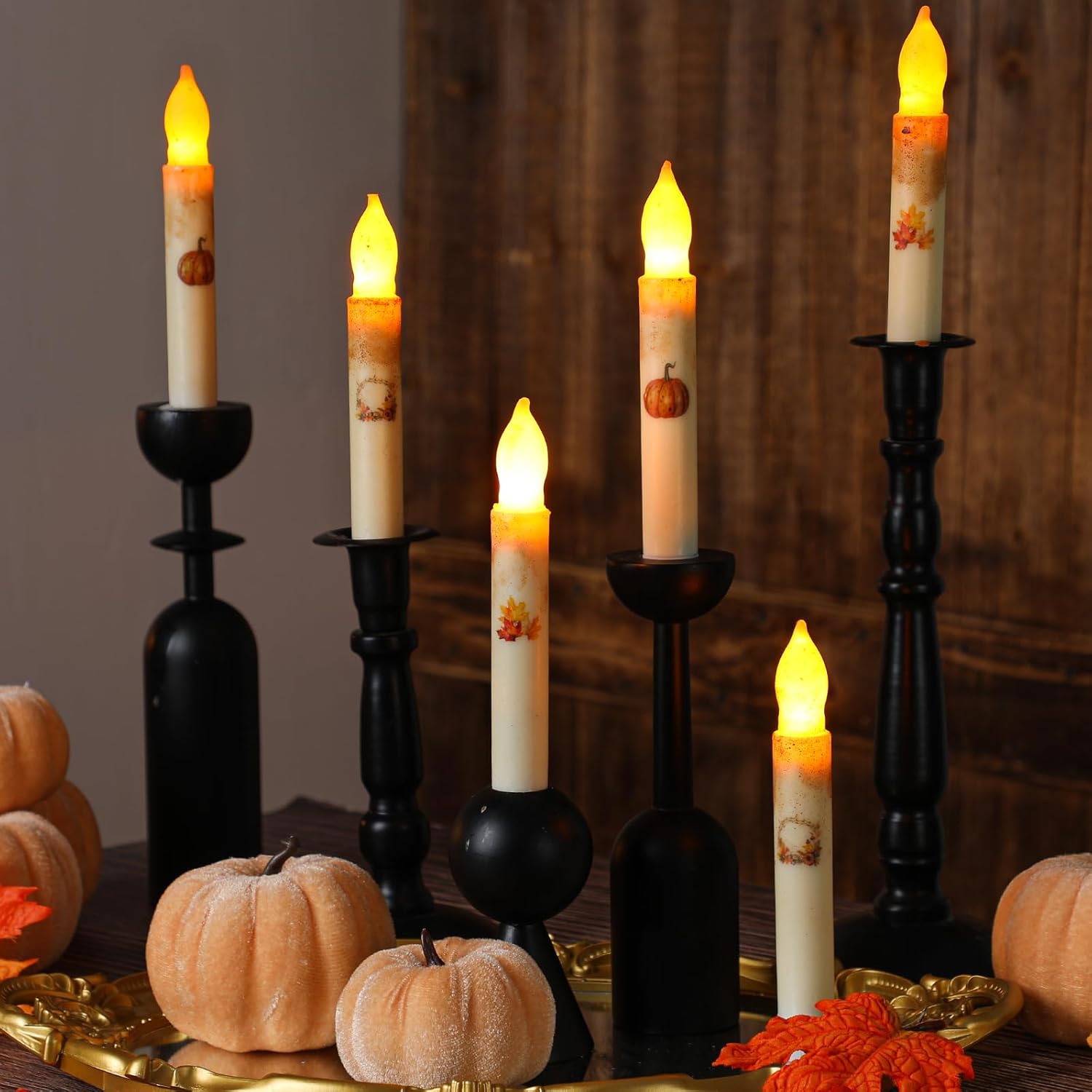 Baquler 6 Pcs Thanksgiving Flameless Candles 6.5 Inch Short Fall Pumpkin Maple Leaf Taper Candles Battery Operated LED Candlesticks for Autumn Thanksgiving Dinner Table Centerpiece Home Party Decor