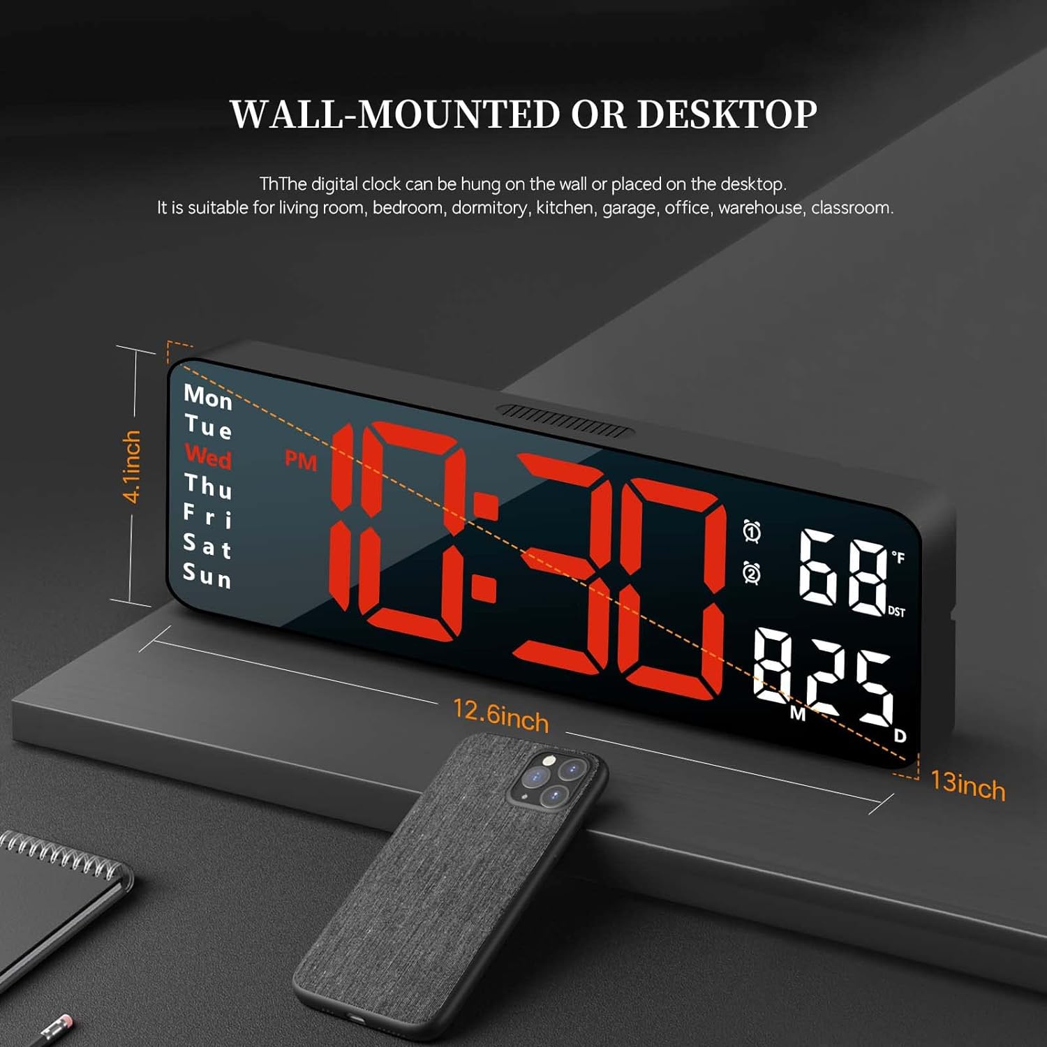Digital Clock, Digital Wall Clock for Living Room Decor, Desk Alarm Clock for Bedroom, Large Wall Clock with Remote Control, Automatic Brightness Dimmer LED Clock with Date Temperature Week (Red-B)