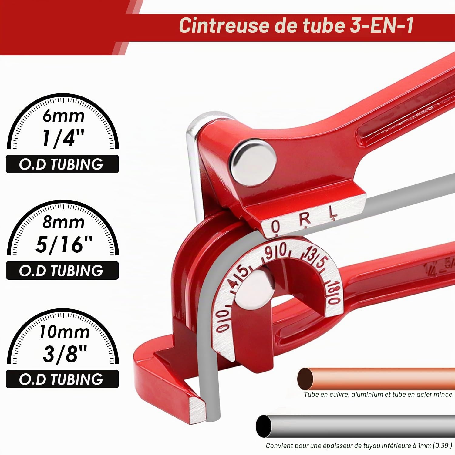mxuteuk Cintreuse de tubes 1/4" 5/16" et 3/8" (6 mm, 8 mm, 10 mm), 180 °, 3 en 1, pour tubes en cuivre, laiton, aluminium et tubes en acier fins