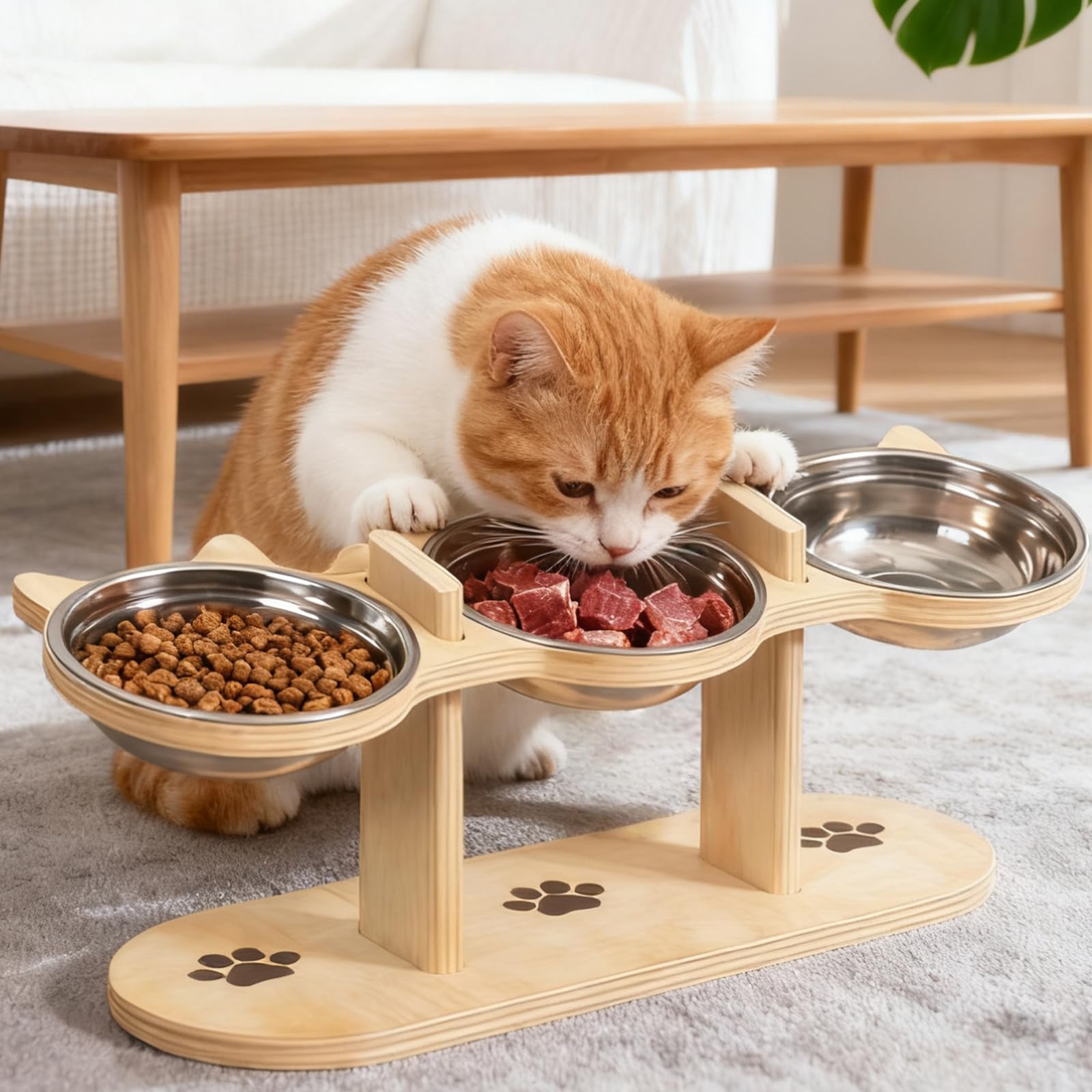 Katzennapf Erhöht, Futterstation Katze, 3 Edelstahlschalen mit Holzständer 15° Geneigter Futternapf Katze Erhöht, Höhenverstellbar Katzen Futterstation für Katzen, Welpen und Kleine Hunde