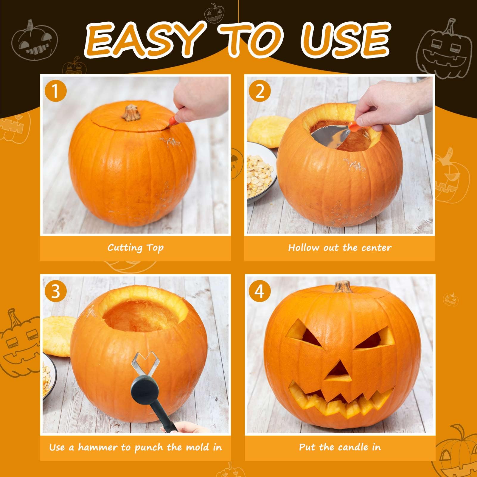 Kit de Tallado de Calabaza de Halloween: Juego de 13 Piezas Herramientas Calabazas de Acero Inoxidable con Martillo y Cortadores de Galletas Pumpkin Carving Kit para Familia