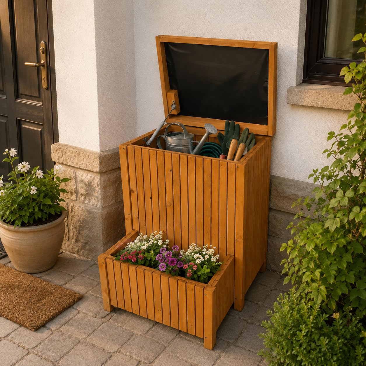 Paketbox mit Pflanzkübel aus Holz 53x60x71cm, Braun