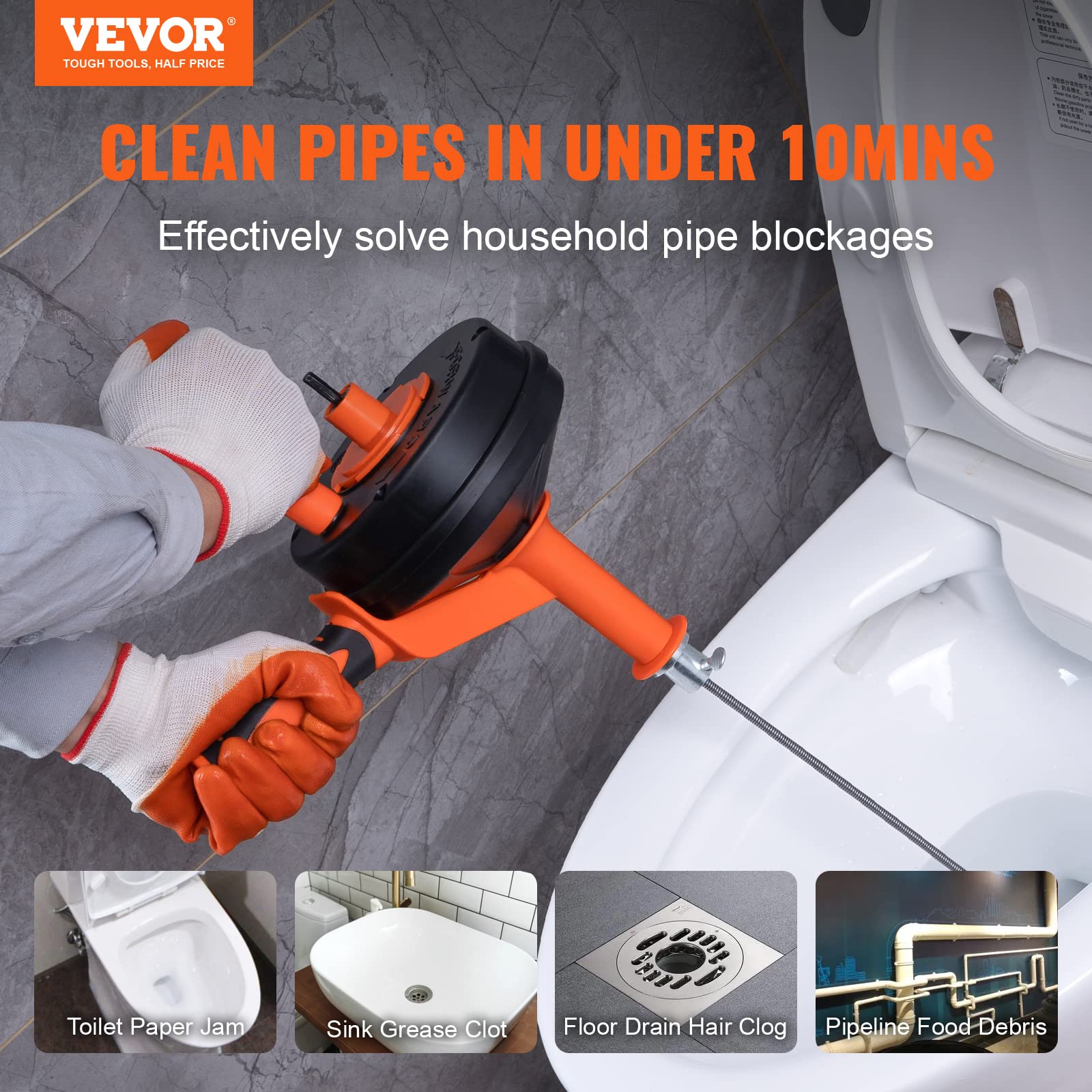 VEVOR VEVOR 250W Electric Pipe Dredger Pipeline Unblocker w/ Cutter 3 Spiral  220 V Drain Auger for Kitchen Bathroom