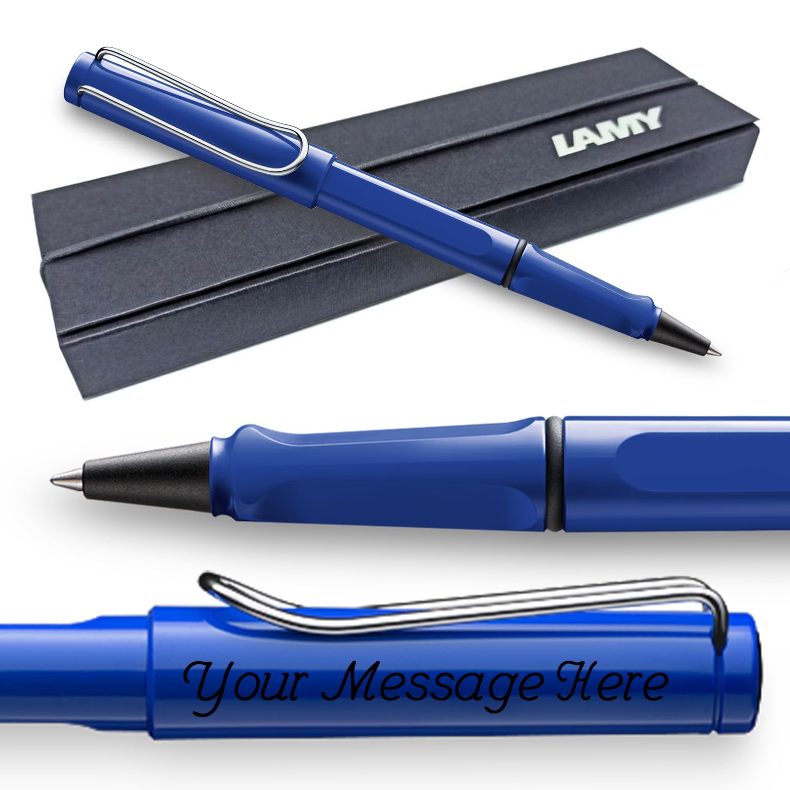 Lamy Safari Rollerball Pen with personalized engraving. Ergonomic grip, medium line width, robust ASA plastic, includes blue M 63 refill, and comes gift boxed. (Blue)