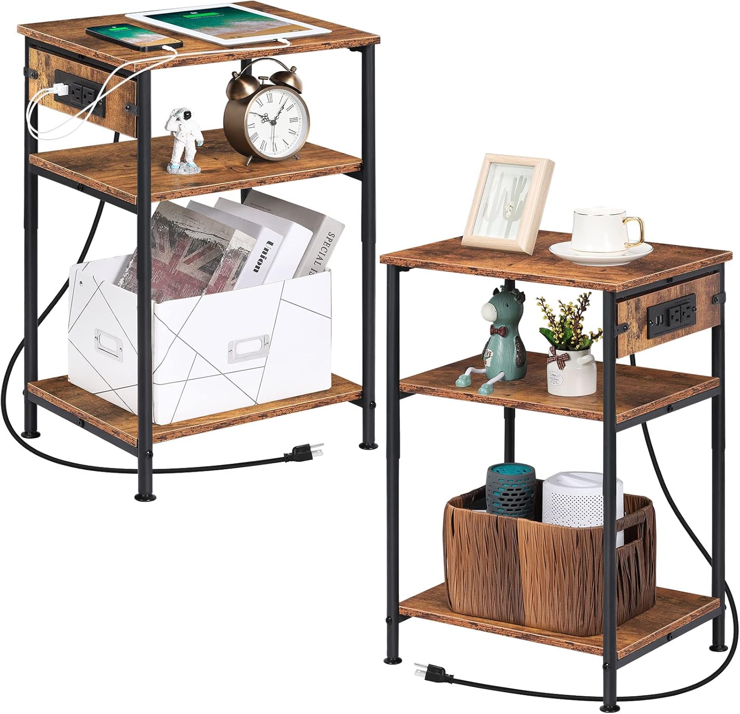 MOOACE Nightstands with Charging Station, Set of 2 End Side