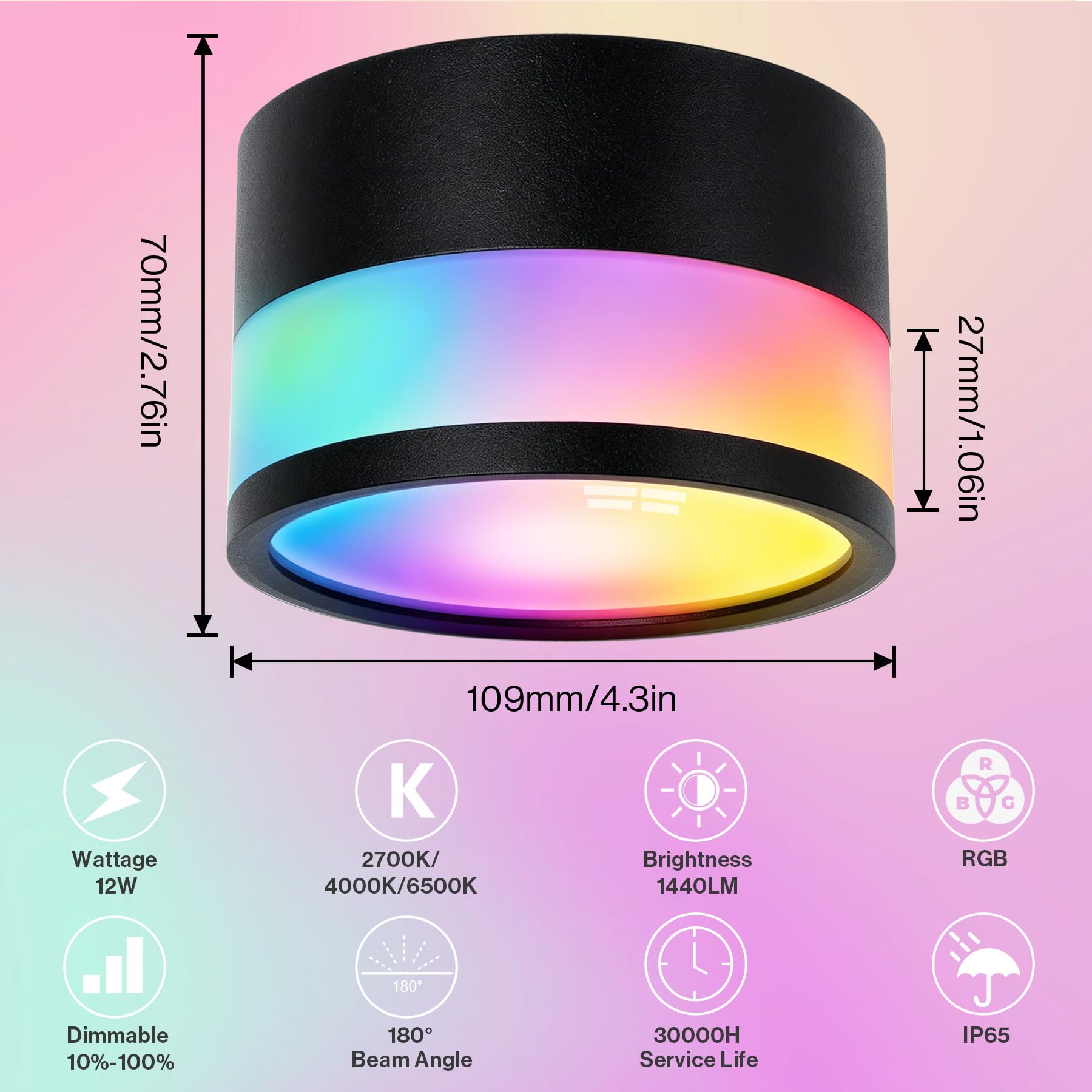 2x Faretti da Soffitto LED RGB Dimmerabile, IP65 Plafoniere Faretti led soffitto con telecomando APP, Plafoniera da soffitto 12W Nero 2700K-6500K, Piatto,Alluminio,230V,Rotonda,luce da bagno,Ø10,9cm