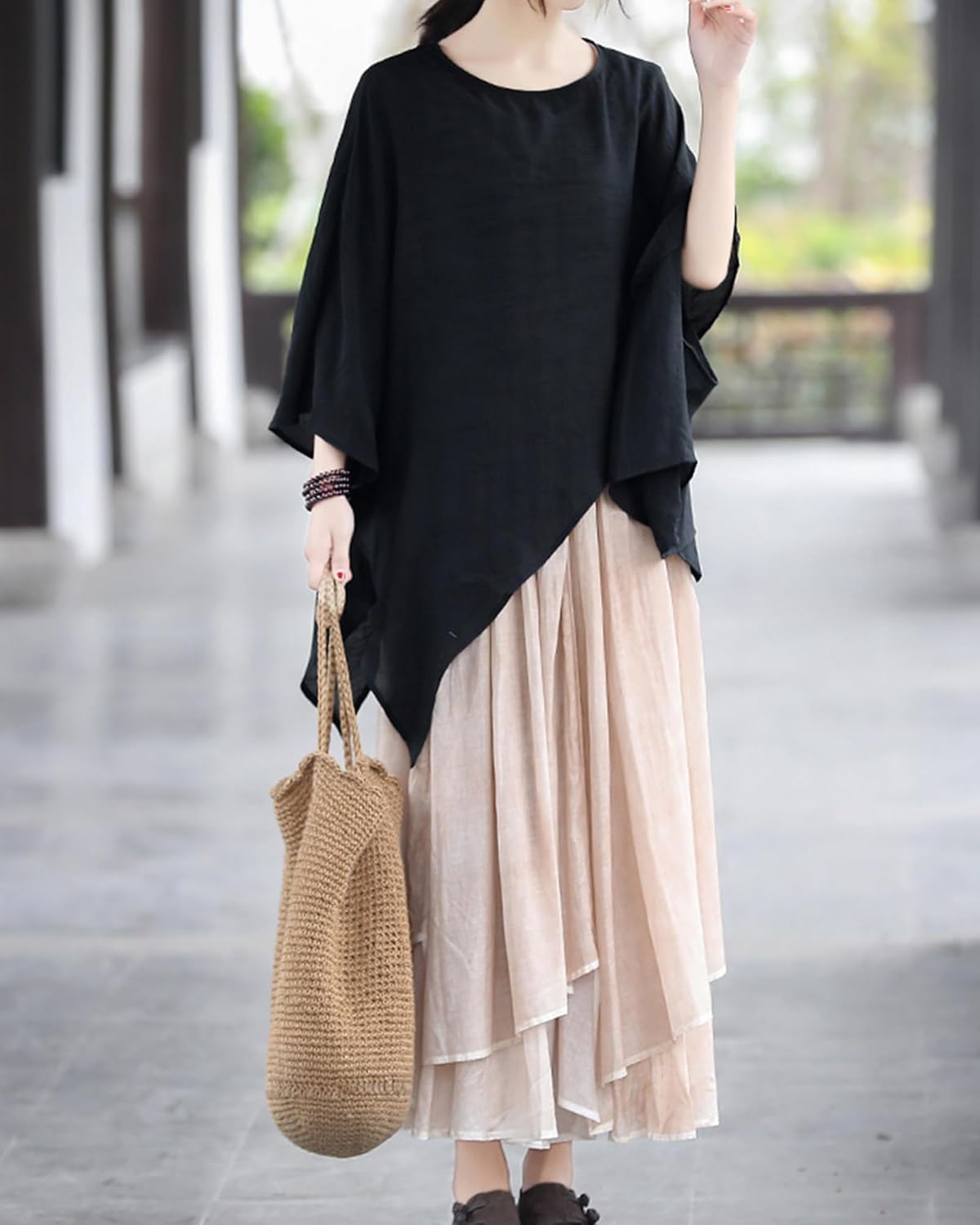 LUZU JUNU Women's Elastic Waist Cotton Layered Flowy Irregular Bohemian Maxi Skirt for Vacation