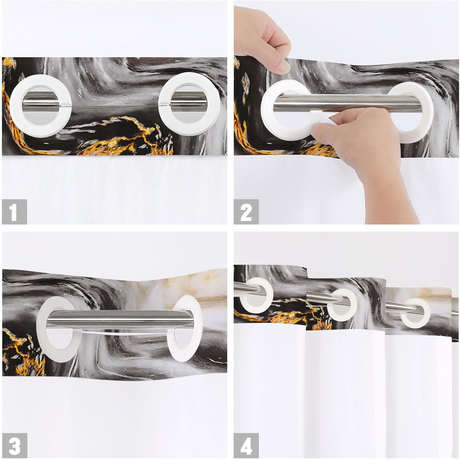 MitoVilla No Hooks Needed Marble Shower Curtain Set with Snap-in Liner, Modern Abstract Curtains for Luxury Hotel Grade Spa-Like Bathroom Decor, Black Gold, 72 x 74 74.00'' x 72.00''