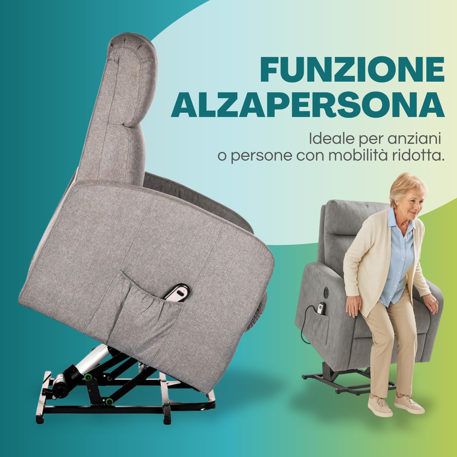 PALUPLUS Poltrona Dynamica Motorizzata Reclinabile e Massaggiante, Misura 74x77x110 cm, Poltrona in Tessuto Traspirante con Poggiapiedi, Alzapersona Automatica e 2 Ruote, Design Elegante -40 (Grigio)