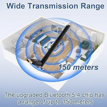USB Bluetooth 5.4 Adapter for PC, Long Range 150M, Wireless Dongle Adaptor for Windows 11/10/8.1/7, Bluetooth Extender BT09 for Laptop, Headsets, Keyboards, Mouse, Speaker, Plug and Play