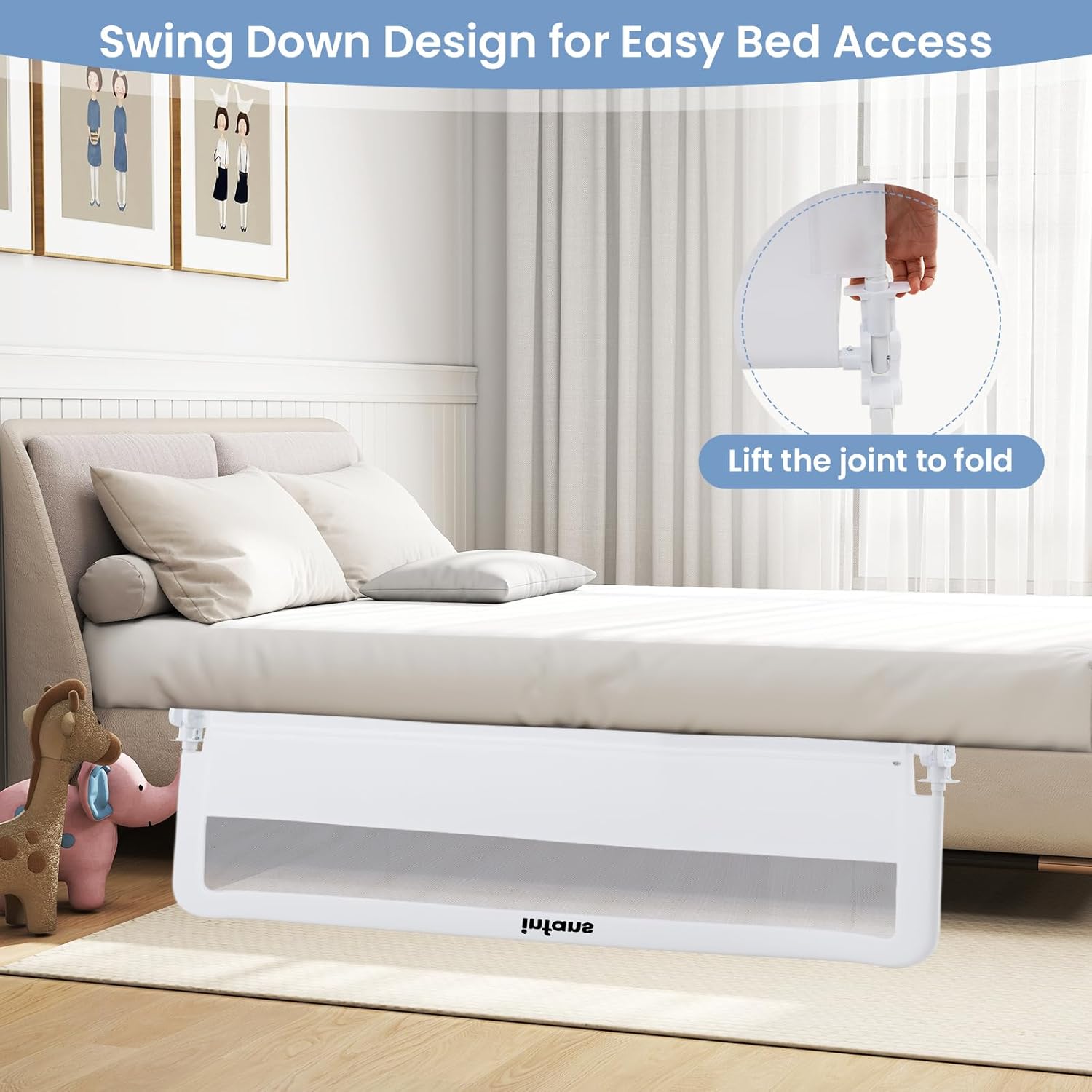INFANS Bed Rail for Toddlers, 59" Foldable Safety Baby Crib Rail Fit for Kids Twin, Extra Long Swing Down Bed Guardrail for Convertible Crib, Queen, Full, King Mattress Side Guard (White)