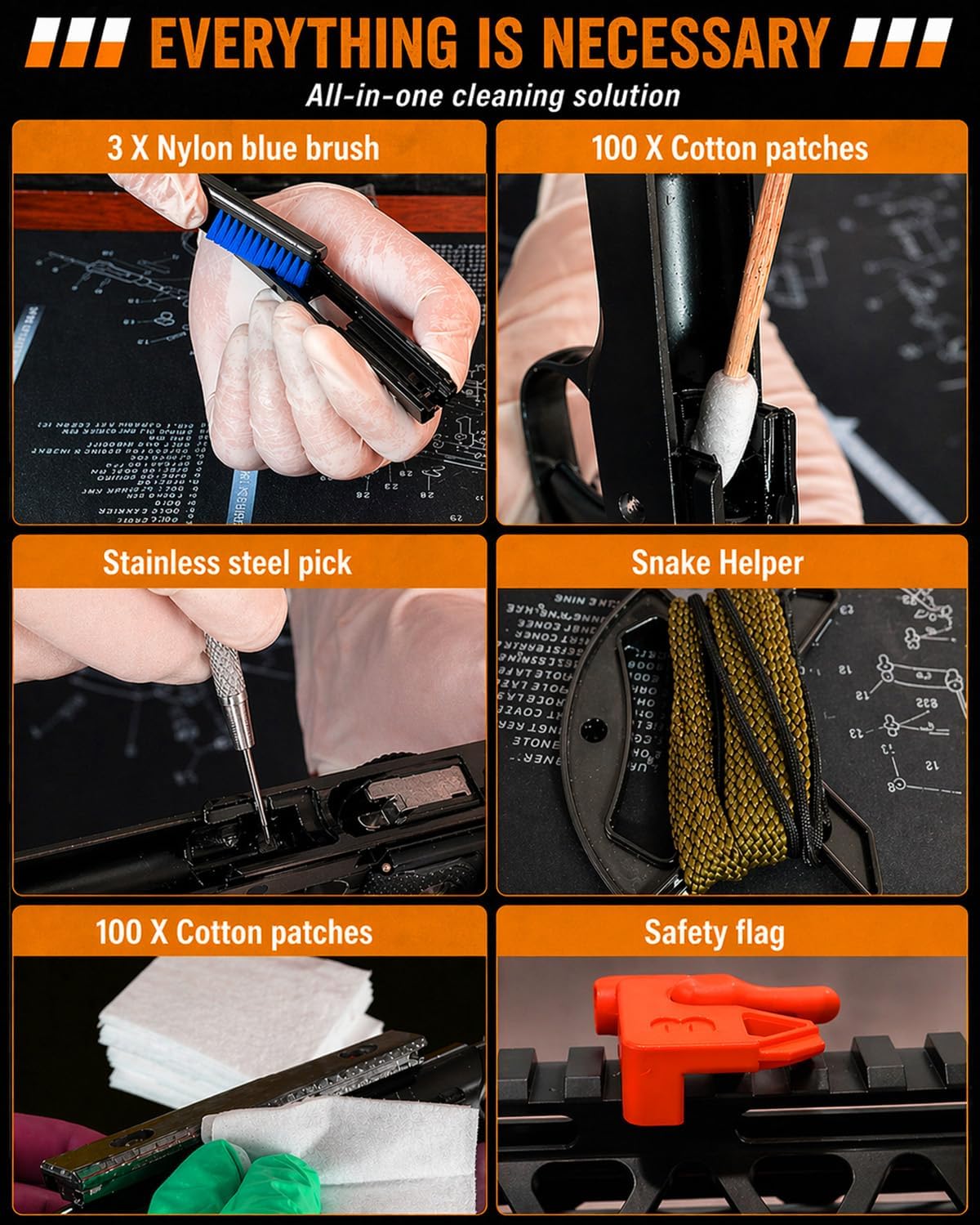 Pistol Basics Single-Caliber Cleaning Kit, Handgun Cleaning kit for 9mm, .22, .380, .40, .45Cal with Gun Snakes in Molle Pouch
