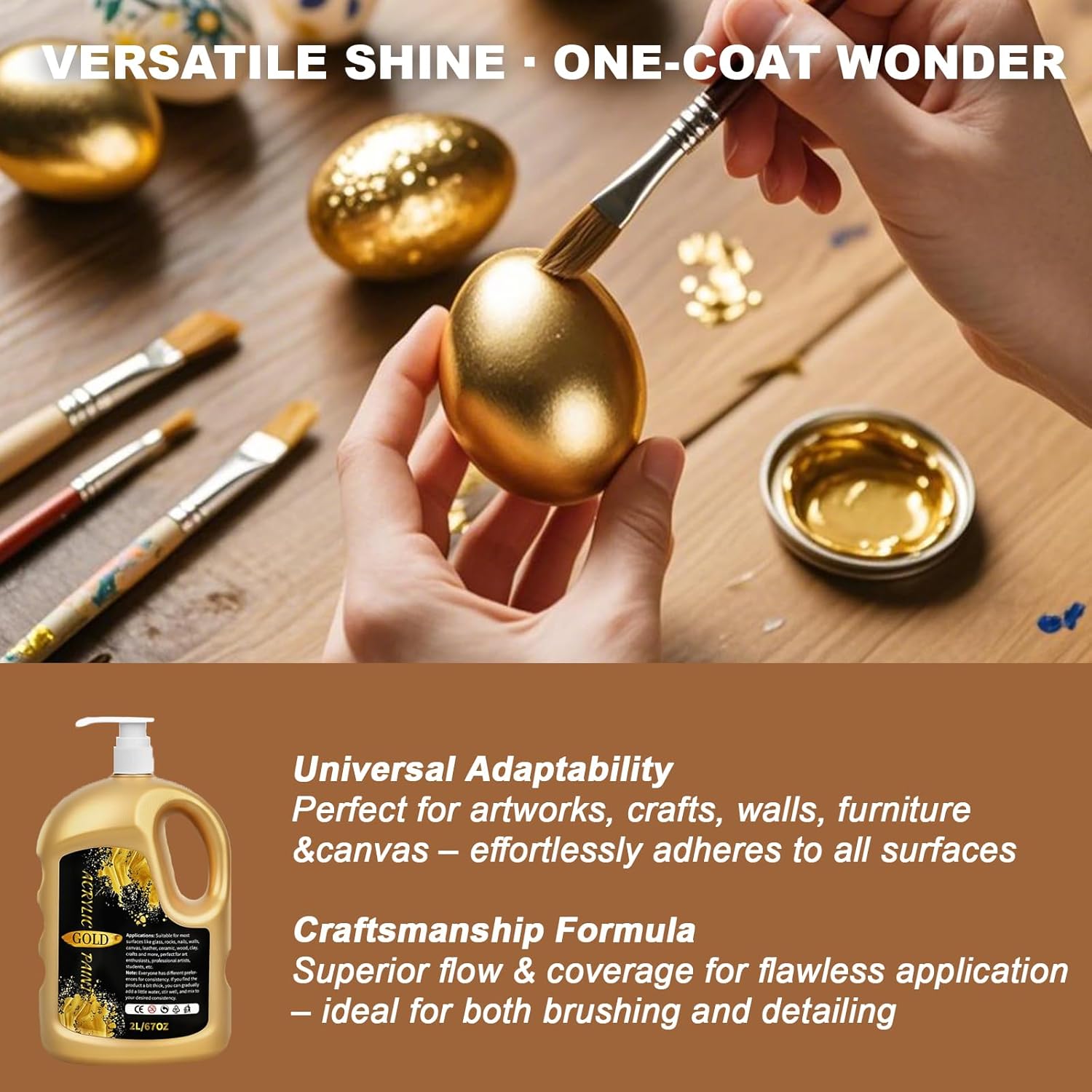 1/2 Gallon (67 oz) Gold Acrylic Paint Metallic，Extra-Large 2 Quarts Gold Leaf Paint for Art Painting, Hand-crafts, Non-Toxic, Non-Fading for Canvas, Wood, Fabric, Ceramic, Stone