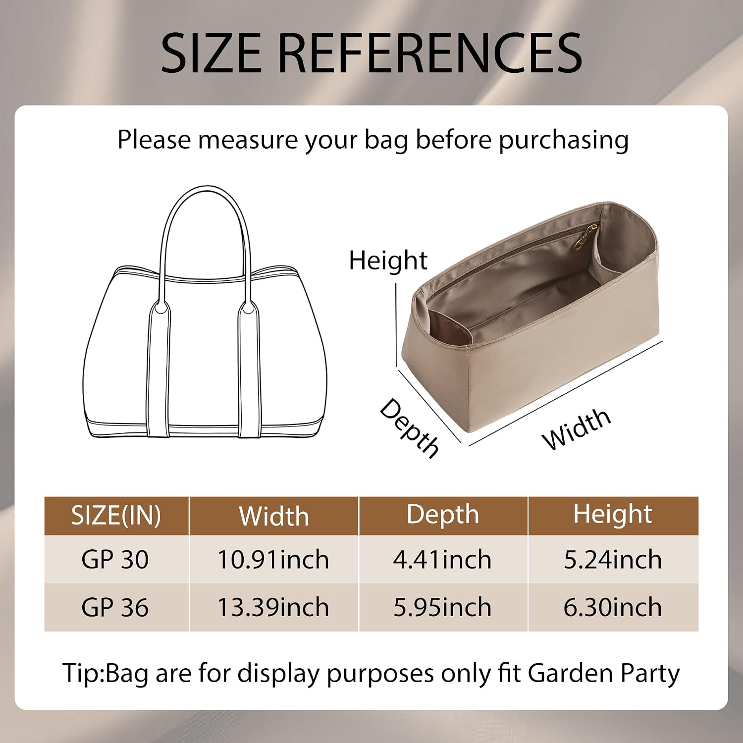Doxo SatiDoxo Garden Party 30 Bag Organizer Premium Satin Lightweight Insert with Key Chain, Handbag Tote Liner Shaper Storage Accessories(GP30,Etoupe Grey)