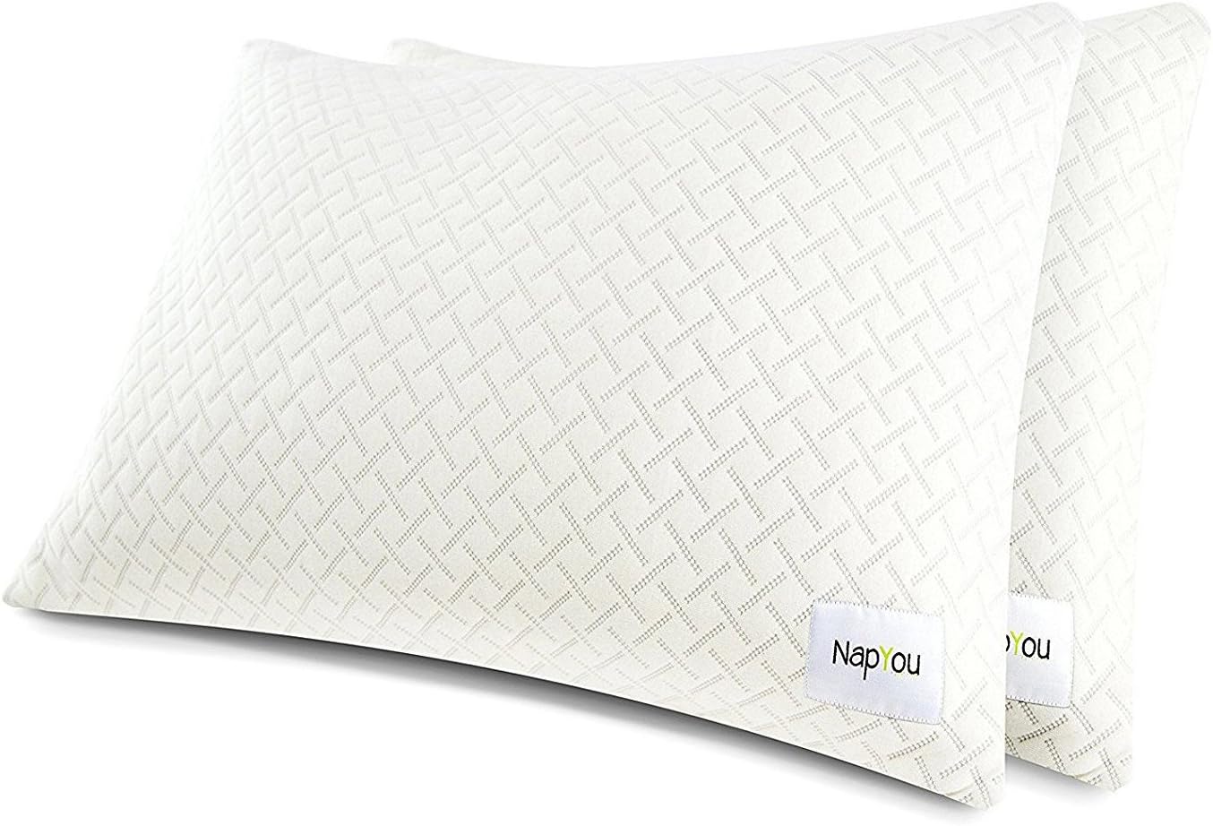 NapYou Official Amazon Exclusive (2 Pack) Shredded Certipur Memory Foam Pillow with Unique and Luxury Pillow Cover Design for Ultimate Breathability and Density Made with Organic Cotton (Standard)