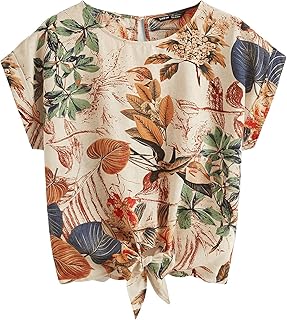 SheIn Women's Short Sleeve Round Neck Striped Print Knot Front Blouse Top