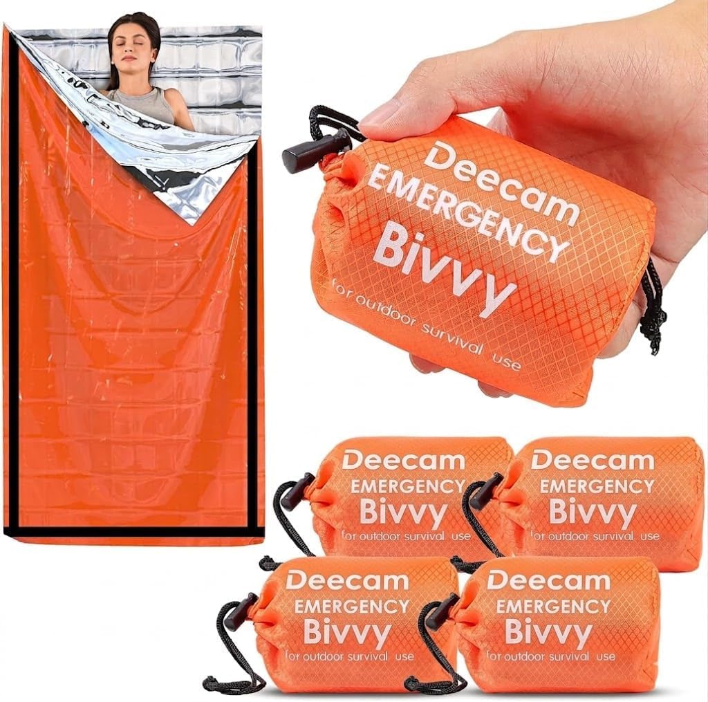 Deecam Emergency Sleeping Bag, 4 Pack Survival Bivy Sack Mylar Thermal Emergency Blanket Waterproof Lightweight Portable Shelter for Camping Gear Hiking Travel Outdoor Activities Backpacking
