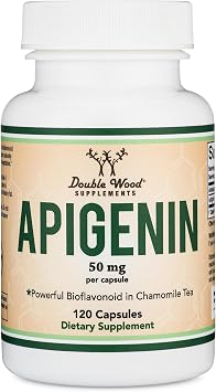Apigenin Supplement - 50mg per Capsule, 120 Count Powerful Bioflavonoid Found in Chamomile Tea for Relaxation, Sleep, and Mood Senolytic Flavonols for Aging Gluten Free by Double Wood