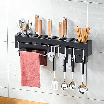 Kitchen Wall Mount Utensil Rack, Cookware Cutlery Holder Utensil Wall Organizer for Spoons, Knives, Forks, ChopsticksBlack