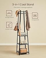 Vista 3 de VASAGLE Perchero con 3 estantes, árbol de pasillo independiente con ganchos para bufandas, bolsos, paraguas, marco de acero, estilo industrial