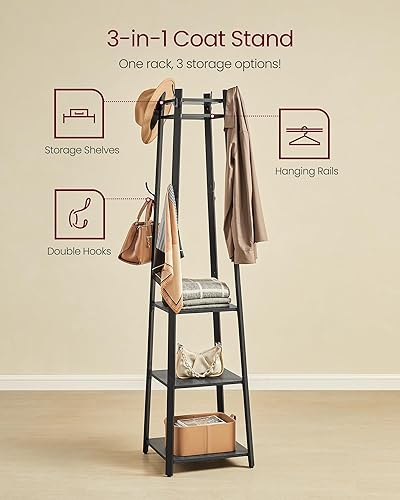 Miniatura 12 de VASAGLE Perchero con 3 estantes, árbol de pasillo independiente con ganchos para bufandas, bolsos, paraguas, marco de acero, estilo industrial, para