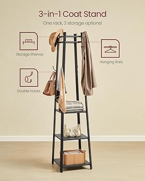 VASAGLE Coat Rack, Coat Stand with 3 Shelves, Hall Tree Free Standing with Hooks for Scarves, Bags, Umbrellas, Steel Frame, Industrial Style, for Entryway, Living Room, Charcoal Gray ULCR080B03