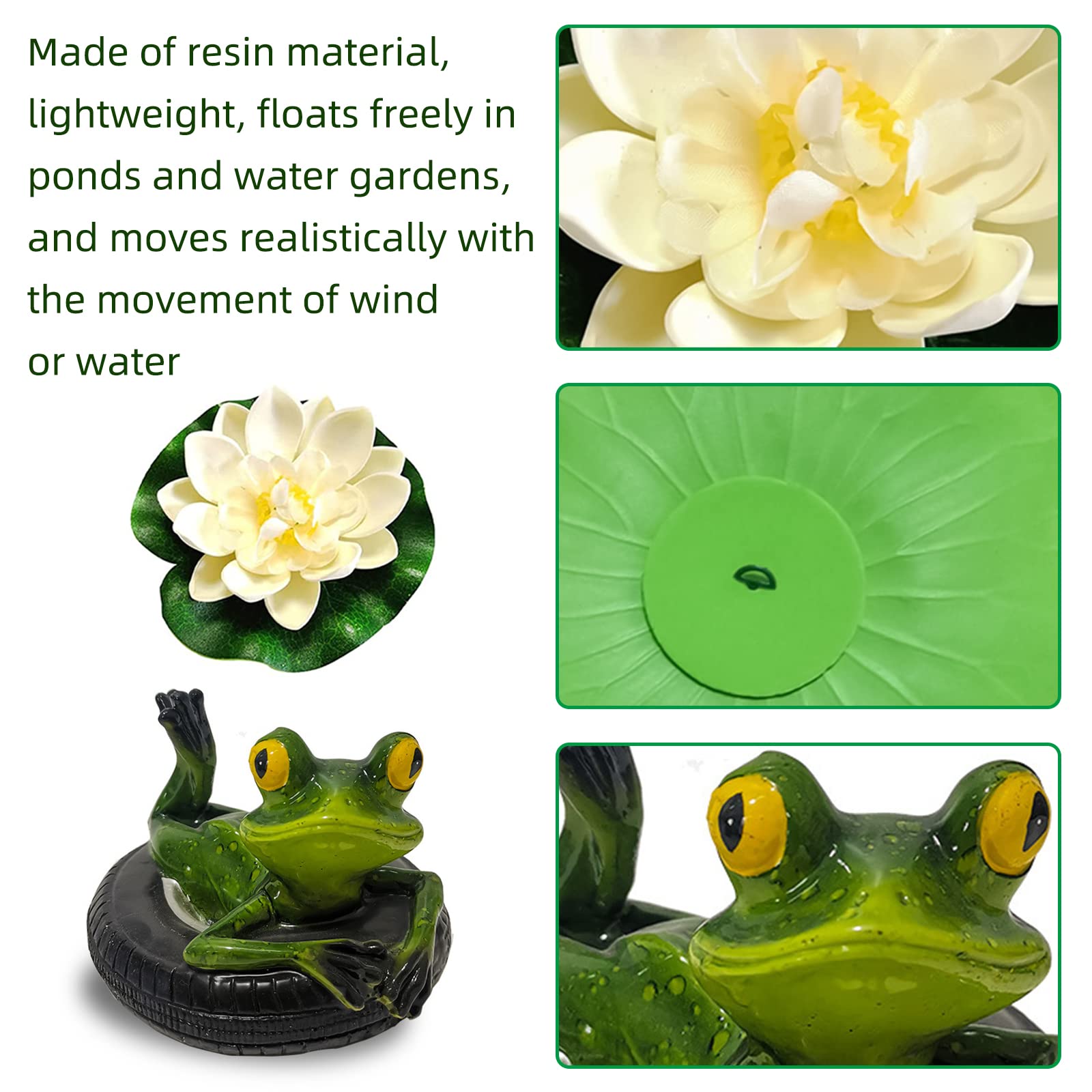 Set de decoración para Estanque de jardín, Dos Ranas con Bolas de Plata y 2 Unidades de Flor de Loto como decoración de jardín para Estanque pequeño (Rana de Espalda)