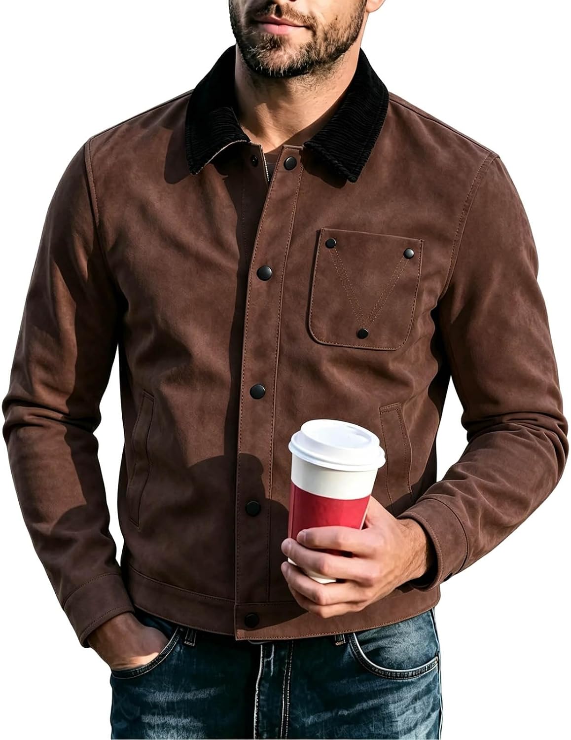 Mens Contrast Collar Jacket Snap Front Retro Long Sleeve Chore Coat