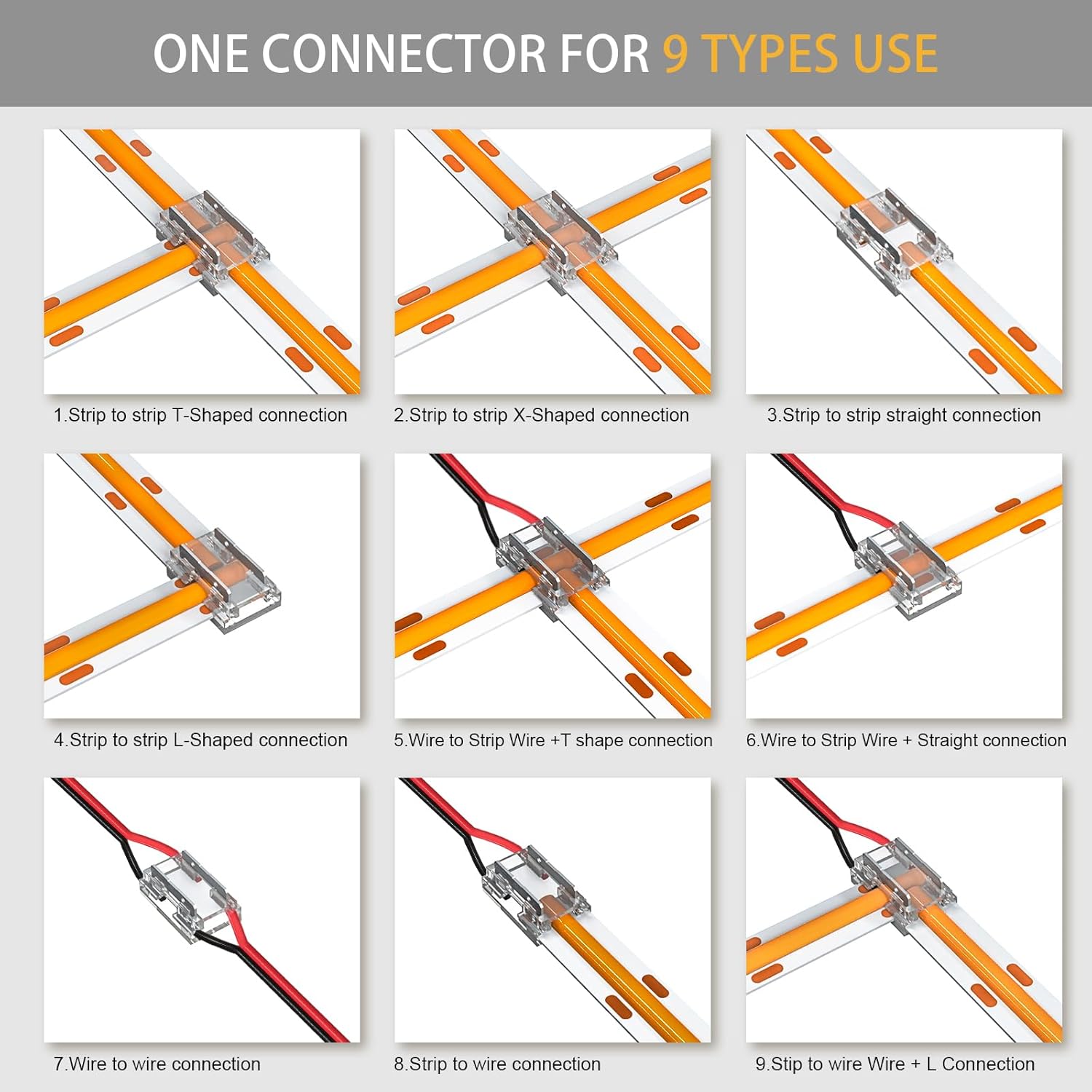 COB LED Light Connectors 10mm 2Pin 20pcs 9 in 1 LED Strip Connector, 9 types connection methods Tape Light Connector, Transparent Solderless No Dark Area for IP20 COB & Some of SMD Light Strip
