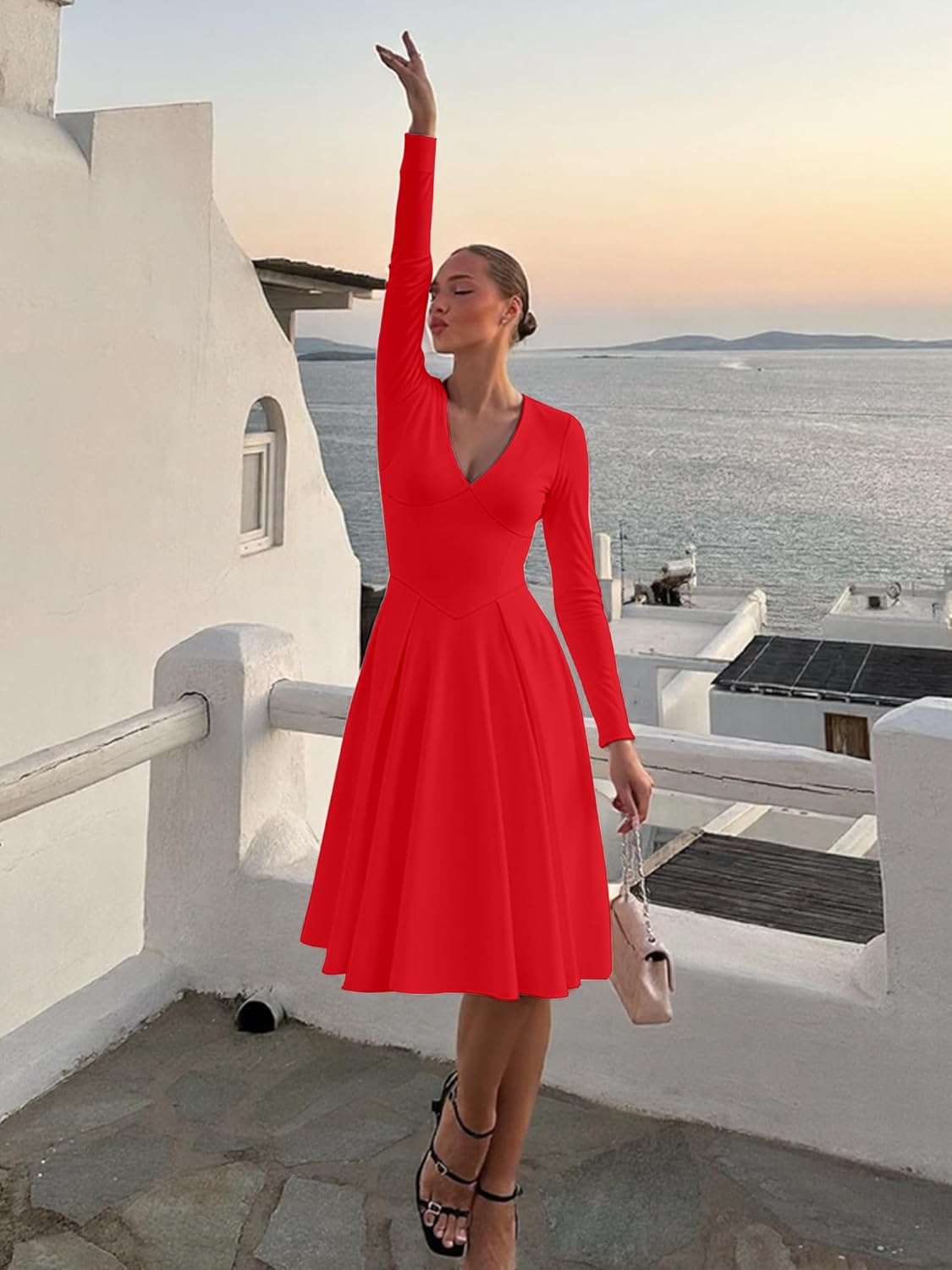 Kaximil Women's Long Sleeve V Neck A Line Elegant Midi Dress Ruffle Flowy Wedding Guest Party Cocktail Dresses - Image 5