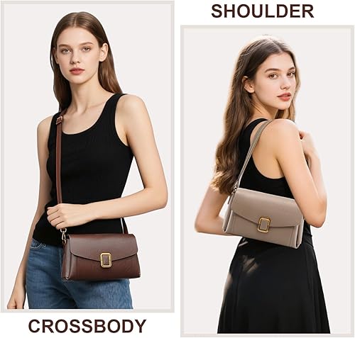 Vista 2 de Bolso tipo bandolera de cuero genuino para mujer, bolso con bandolera extraíble y hombro ajustable Blanco sucio