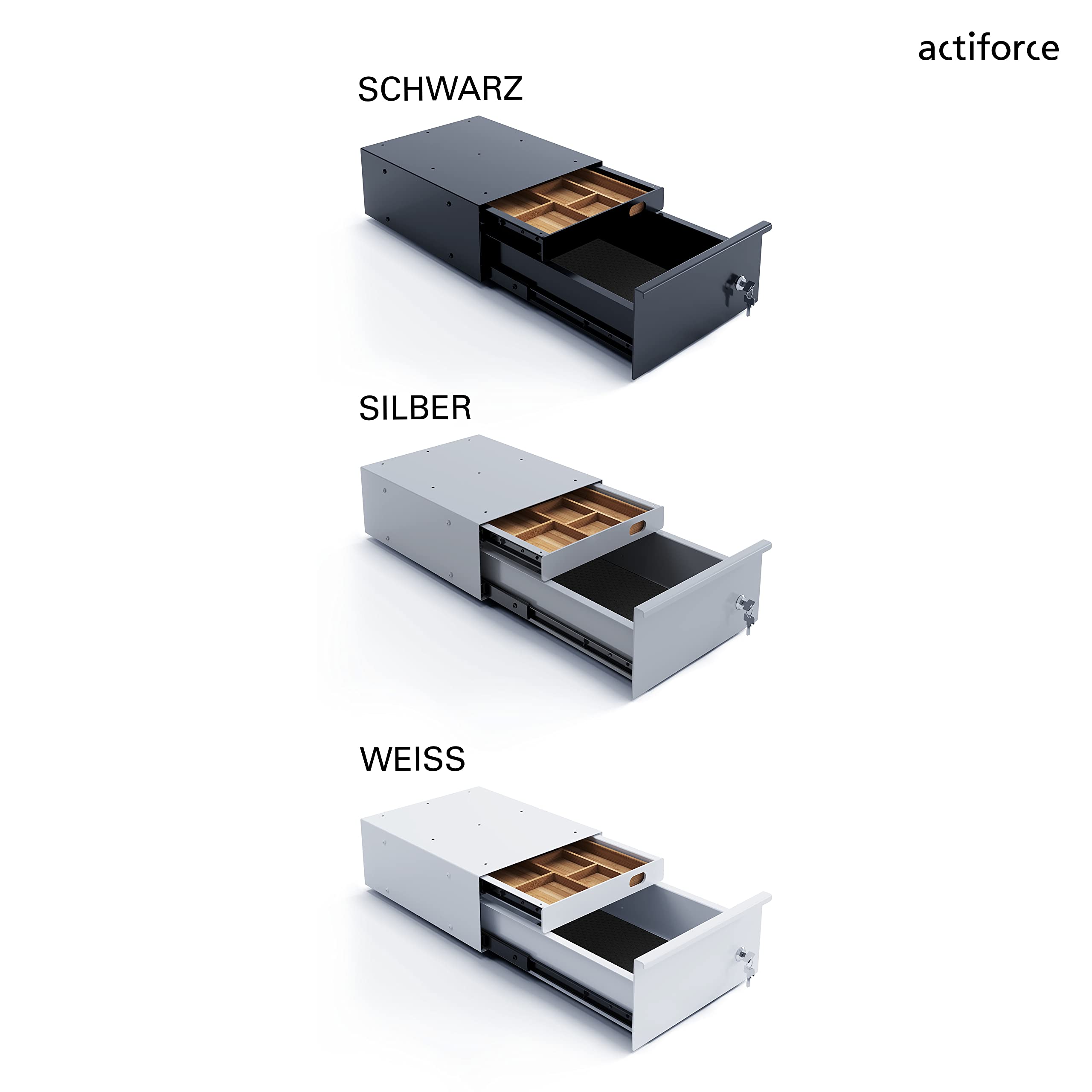 Premium Untertischschublade abschließbar, mit 2 Schubfächern und Bambuseinlage | schwarz, Silber, weiß | Einfacher Unterbau, die perfekte Schreibtischschublade für deinen Schreibtisch