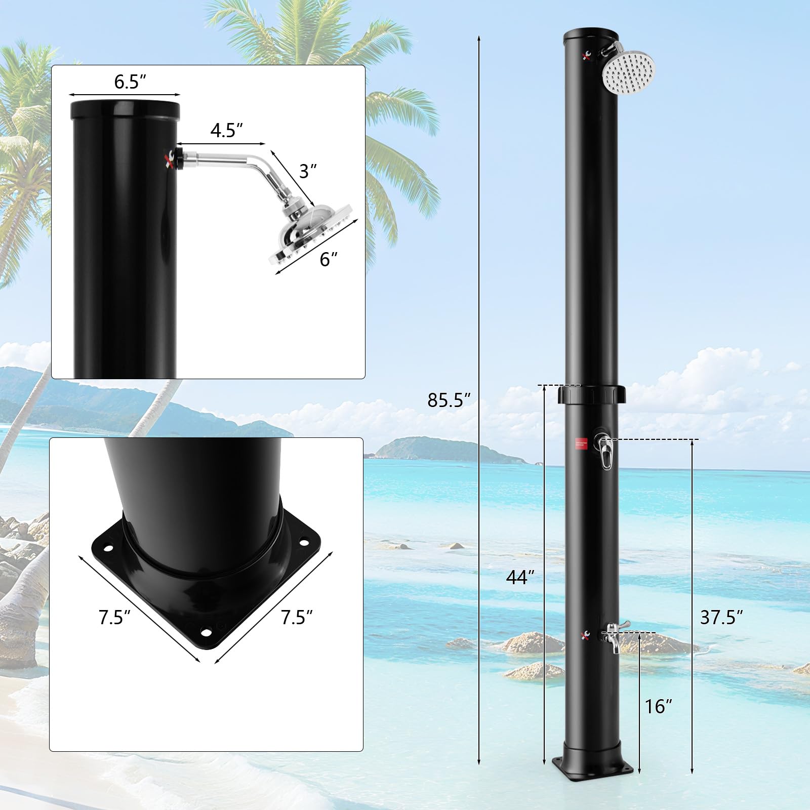 Goplus Douche d'extérieur chauffante à énergie solaire de 36 litres, douche autoportante de 2,3 m avec pommeau de douche rotatif, réglage de la température et douchette de pied, pour jardin, plage,