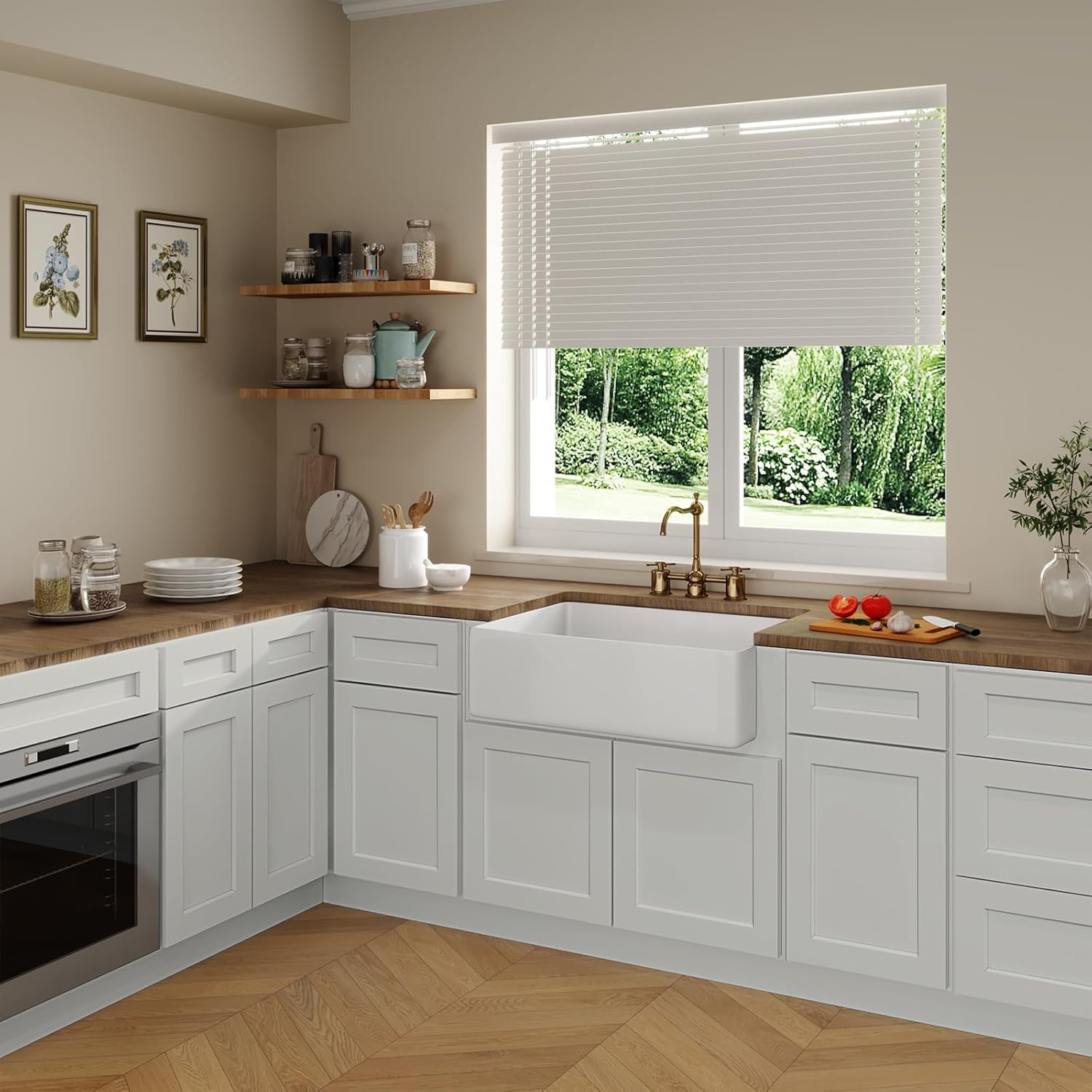 ROOMTEC 36" Light Gray Kitchen Farmhouse Sink Base Cabinet, Large Capacity Under Sink Storage Cabinet with Soft-Close Doors, Farmhouse Sink Single Bowl in Kitchen, Bathroom, and Laundry
