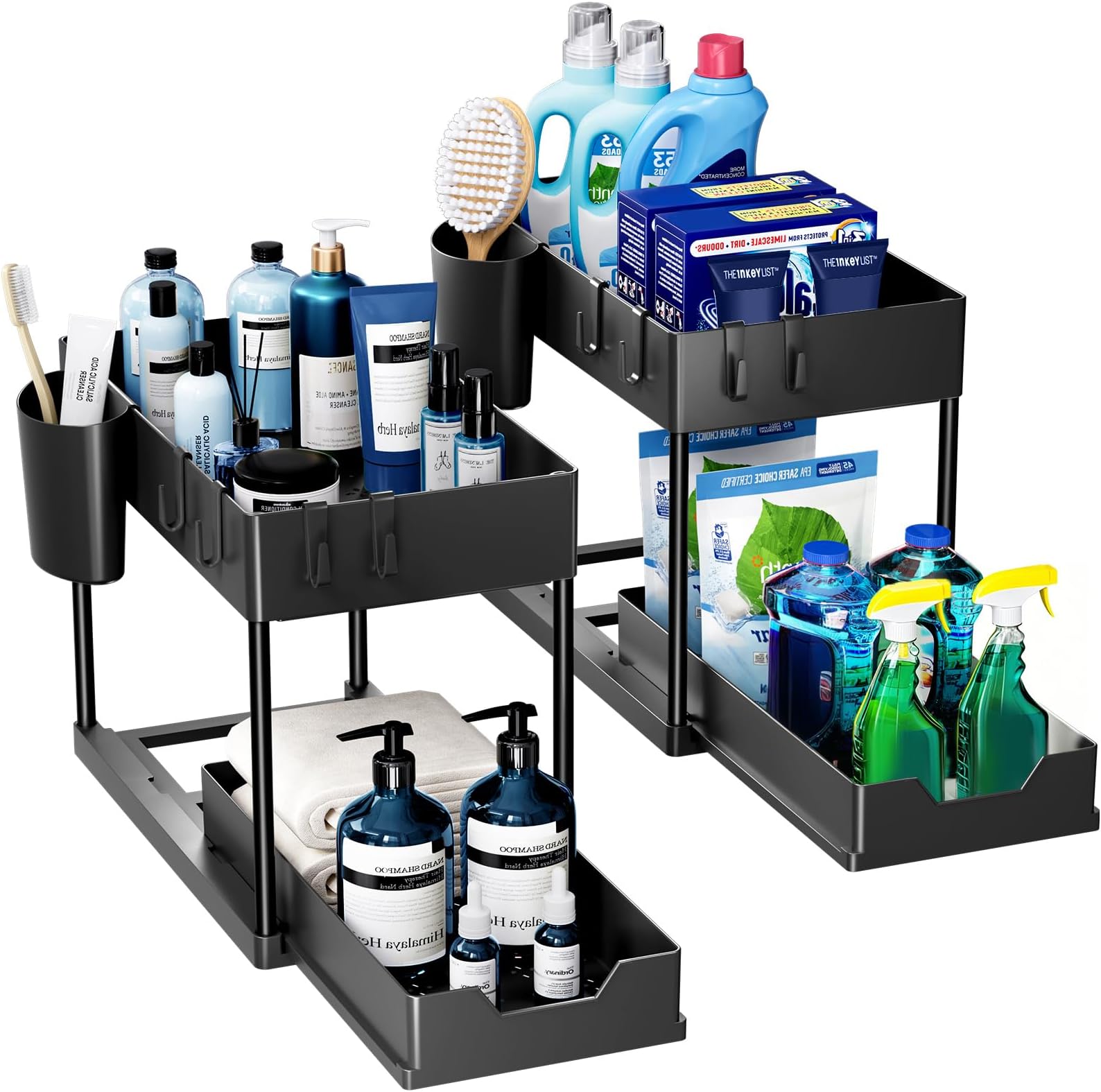 Puricon 2 Pack Under Sink Storage Kitchen Organiser, 2 Tier Under Sink Shelf with Slide Out Drawer, Multi-purpose Under Sink Bathroom Storage Rack for Countertop Laundry -Black