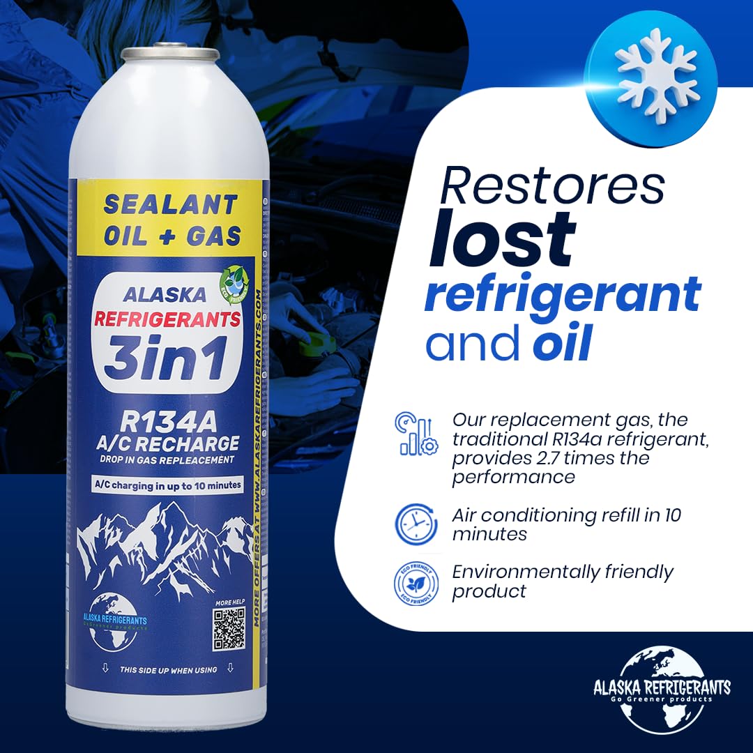 Kombiniertes Alaska Refrigerants Kit – 3in1 R134a Ersatzkältemittel mit PAG 100 Öl und Dichtmittel + R134a Ersatzkältemittel + Schlauch & Manometer
