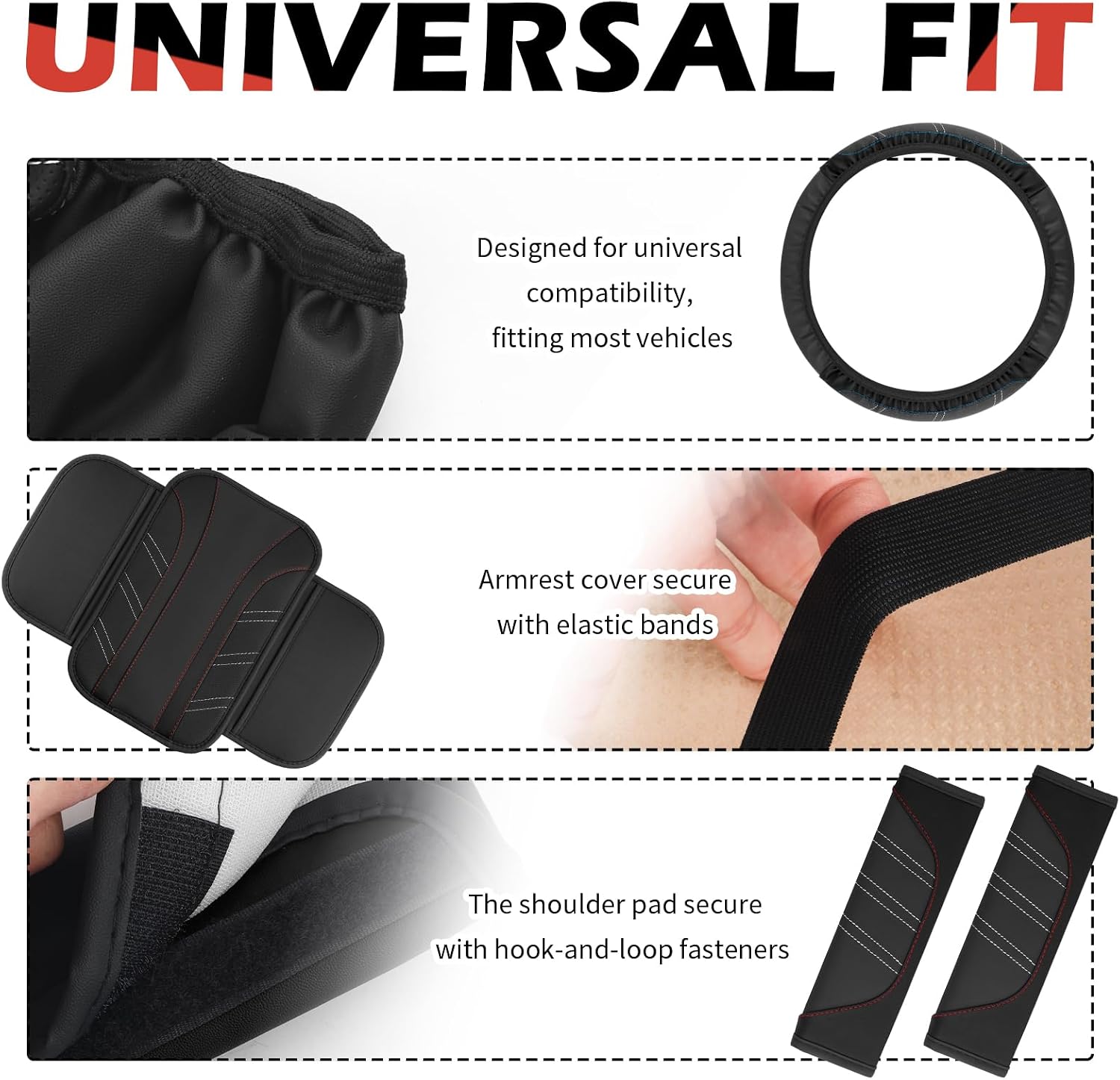 4PCS Car Accessories Set,Including Car Steering Wheel Cover & Seat Belt Cover Pad & Center Console Covers for Decorative Protection,Universal Cars Accessory Set for Sedan SUV Truck (Black)