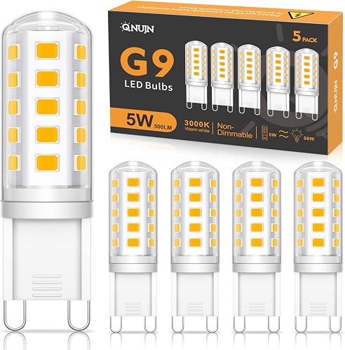 QNUJN G9 Led Bulbs Warm White, 5W, 500LM, 3000K, Equivalent to 50W Halogen, Non-Dimmable Energy Saving Light Bulb for Home Lighting Decor, Chandelier, Wall Light, Crystal Lamp-5 Packs