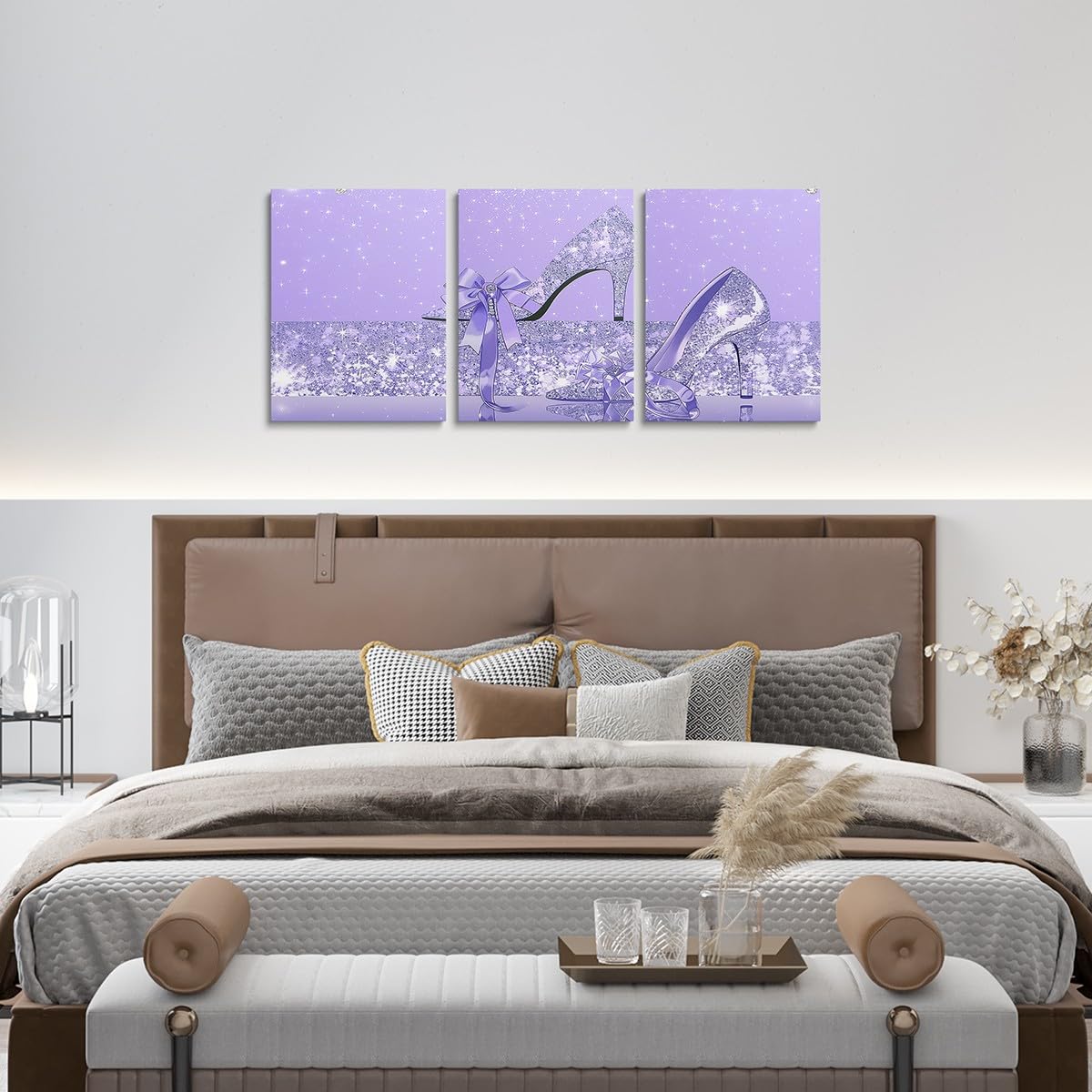 Loussiesd Glitter (No Glitter) Bathroom Wall Art Pastel High-heeled Shoes 3 Piece Canvas Wall Art for Living Room for Stylish Office Wall Decor Artwork Posters 40X30cmx3pcs Silver Shiny (Grey Purple) - Image 4