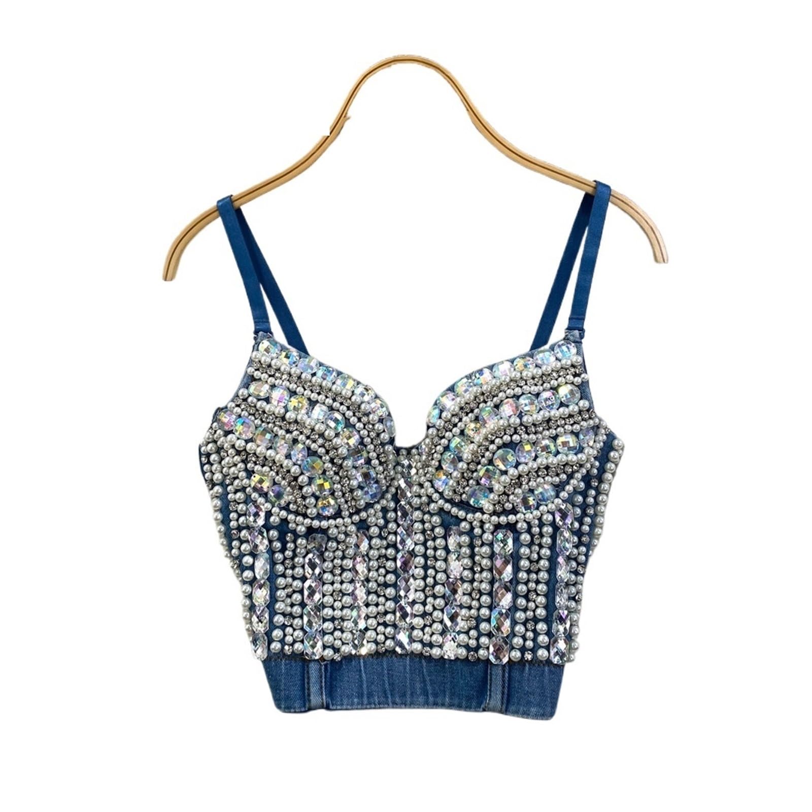 Top Brillantinato Donna Donna Estate Denim Canotta Corsetto Top Costruito in Reggiseno Cristallo Diamanti Perla Jeans di Lusso High Street Club Festa